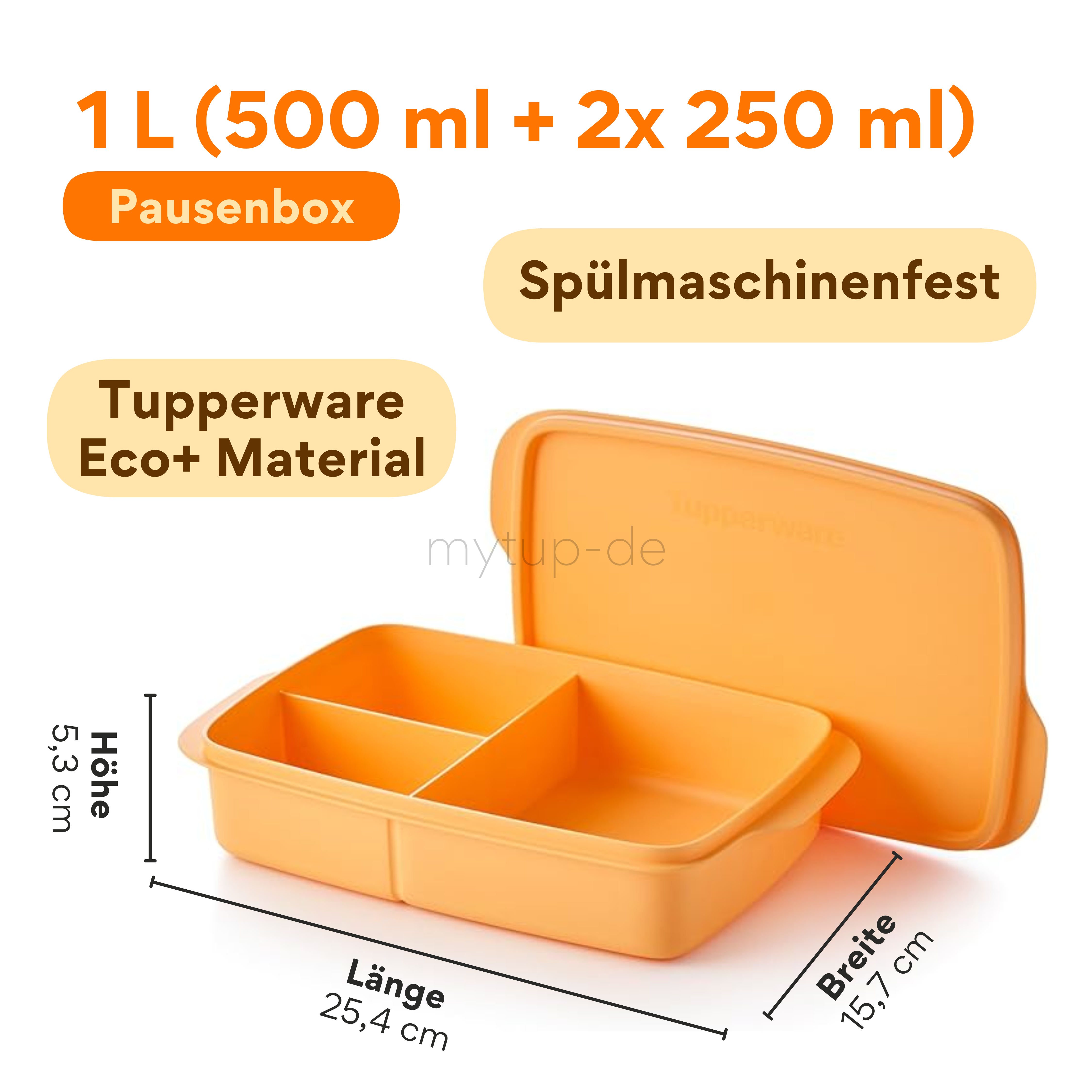 Eco+ Lunch Box / Pausen Box 1l von der Marke Tupperware / in der Farbe Orange / Spülmaschinenfest / mit Praktischen Unterteiler / Ideal fürs Pausenbrot / Hier direkt online kaufen