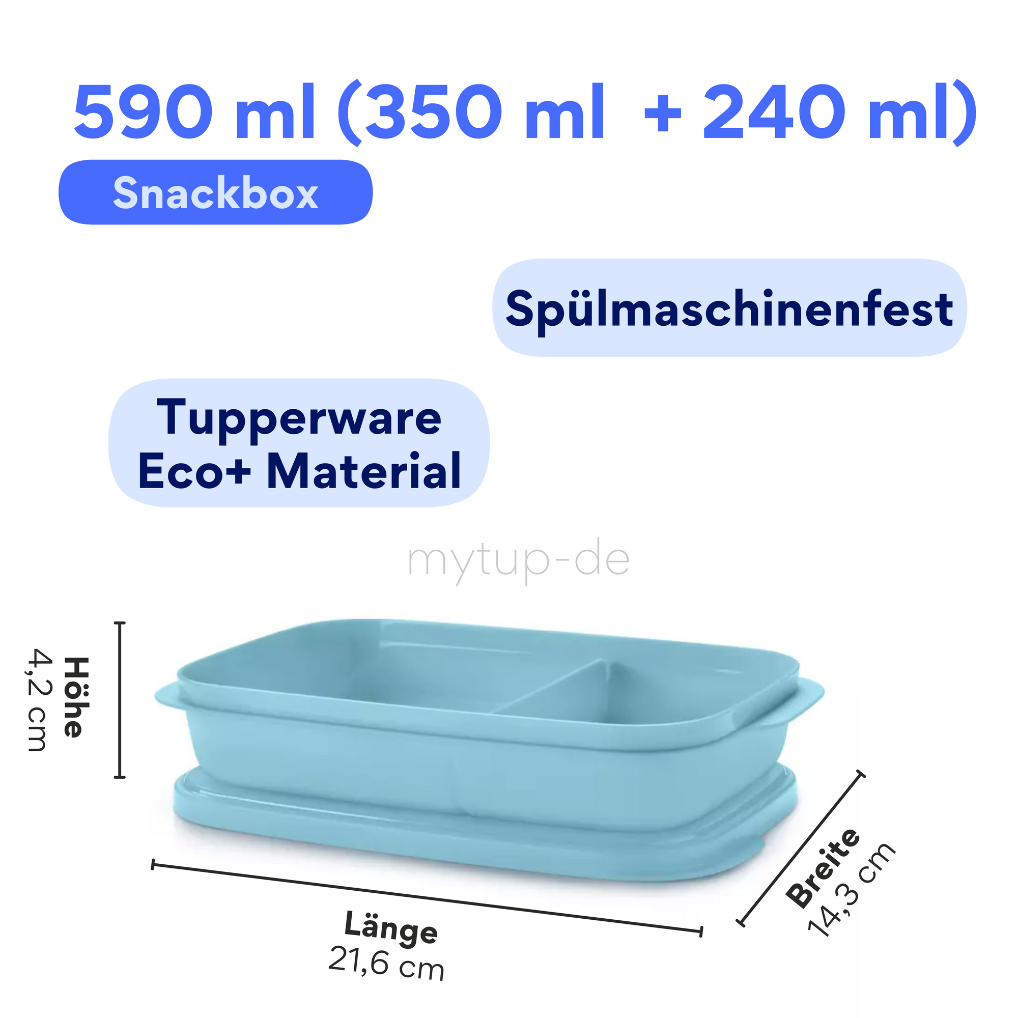 Eco+ Snack Box 590ml von der Marke Tupperware / in der Farbe hellblau / Spülmaschinenfest / mit Praktischen Unterteiler / Ideal fürs Pausenbrot / Hier direkt online kaufen