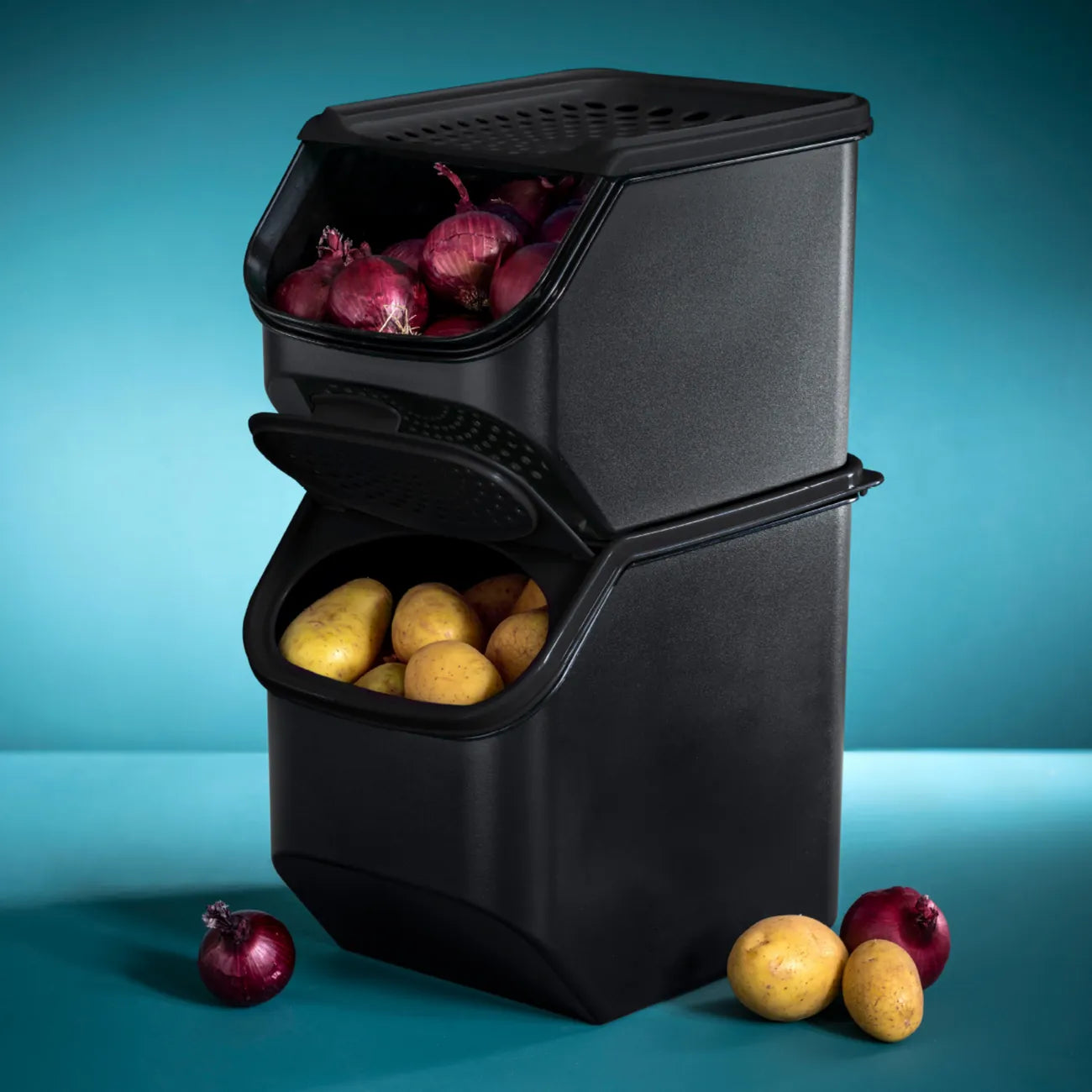 Zwiebel Lager von der Marke Tupperware / in der Farbe Schwarz / Lebensmittel Lager für Knoblauch und Zwiebeln / Optimales Klima dank Lüftungslöchern / Platz für 3,2 Kg / Hier direkt online kaufen