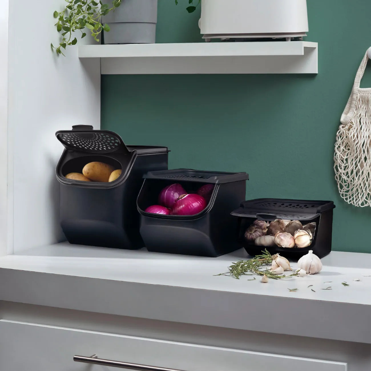 Zwiebel Lager von der Marke Tupperware / in der Farbe Schwarz / Lebensmittel Lager für Knoblauch und Zwiebeln / Optimales Klima dank Lüftungslöchern / Platz für 3,2 Kg / Hier direkt online kaufen