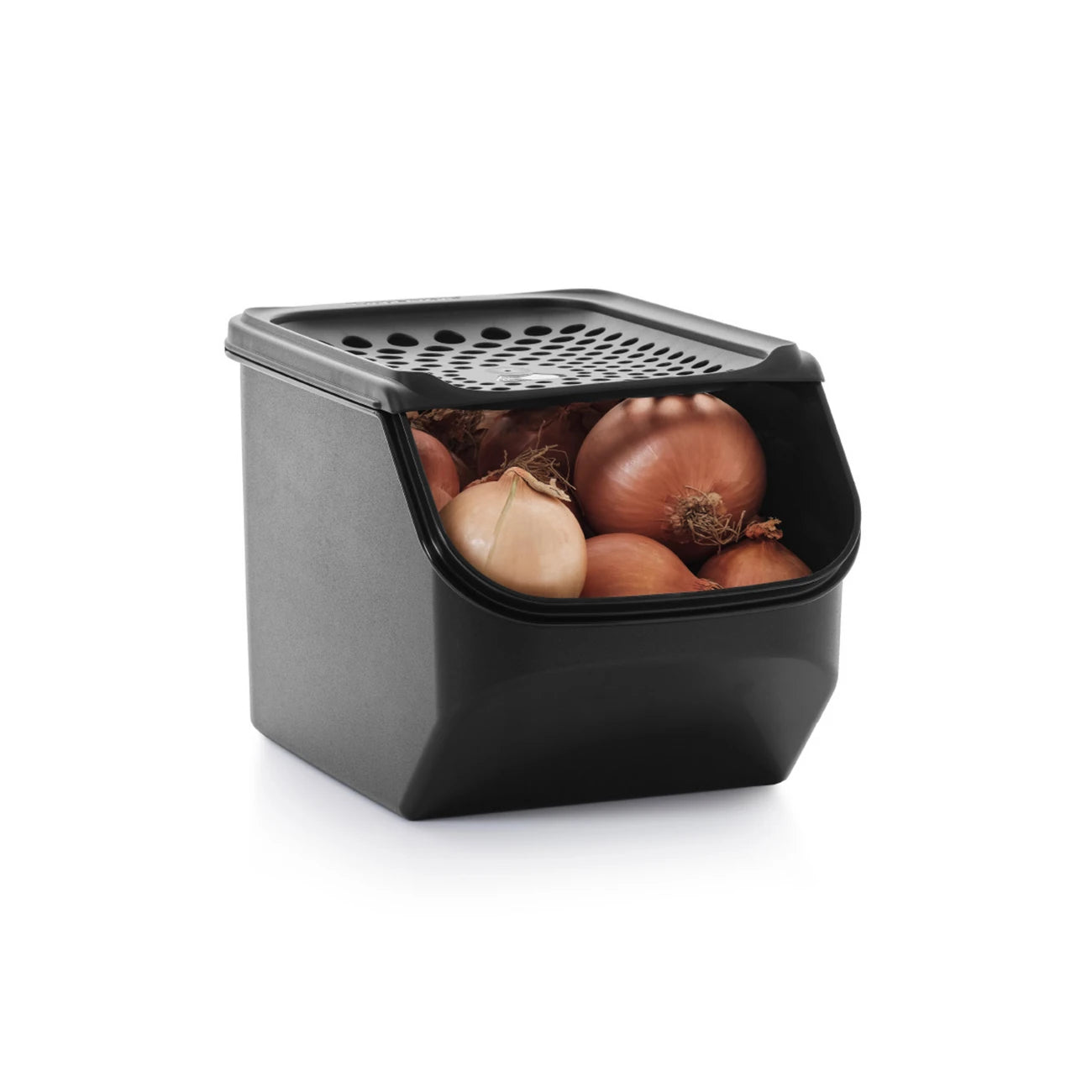 Zwiebel Lager von der Marke Tupperware / in der Farbe Schwarz / Lebensmittel Lager für Knoblauch und Zwiebeln / Optimales Klima dank Lüftungslöchern / Platz für 3,2 Kg / Hier direkt online kaufen