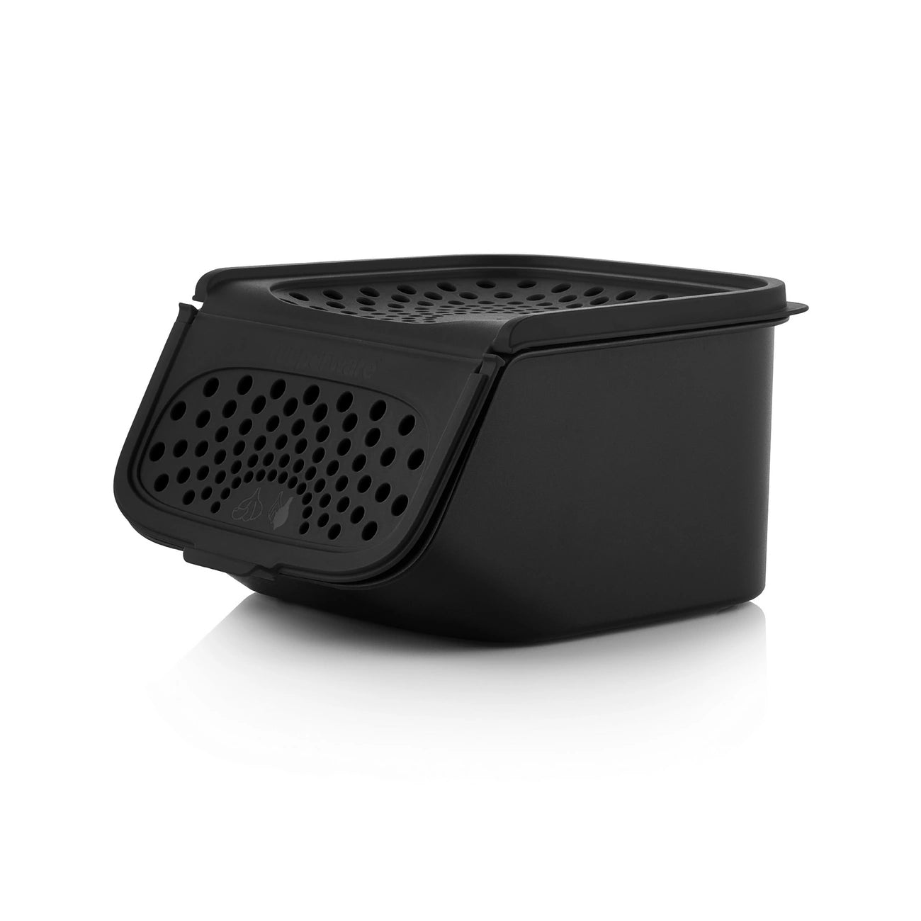 Knoblauch Lager von der Marke Tupperware / in der Farbe Schwarz / Stapelbar auf Kartoffel- und Zwiebel Lager / Dunkle, Belüftetes Gemüselager / Optimal für einen 1- bis 2 Personen Haushalt / Hier direkt online kaufen