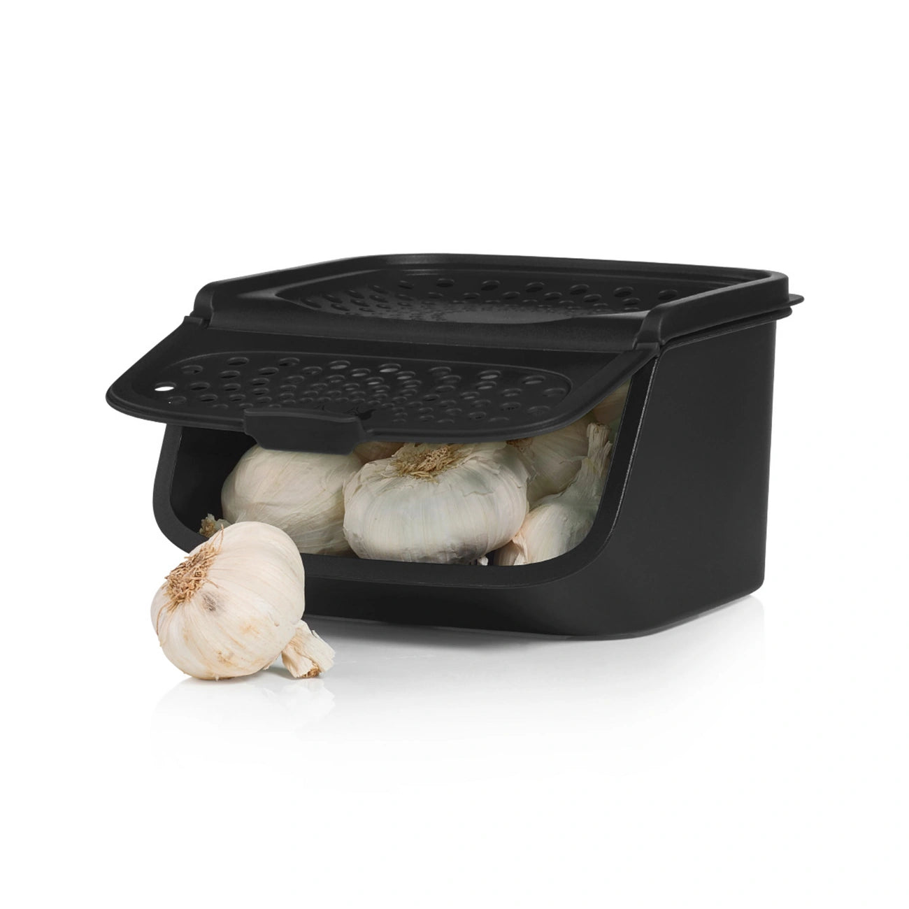 Knoblauch Lager von der Marke Tupperware / in der Farbe Schwarz / Stapelbar auf Kartoffel- und Zwiebel Lager / Dunkle, Belüftetes Gemüselager / Optimal für einen 1- bis 2 Personen Haushalt / Hier direkt online kaufen