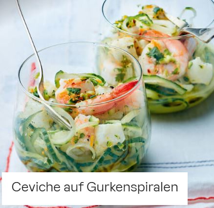 Ceviche auf Gurkenspiralen