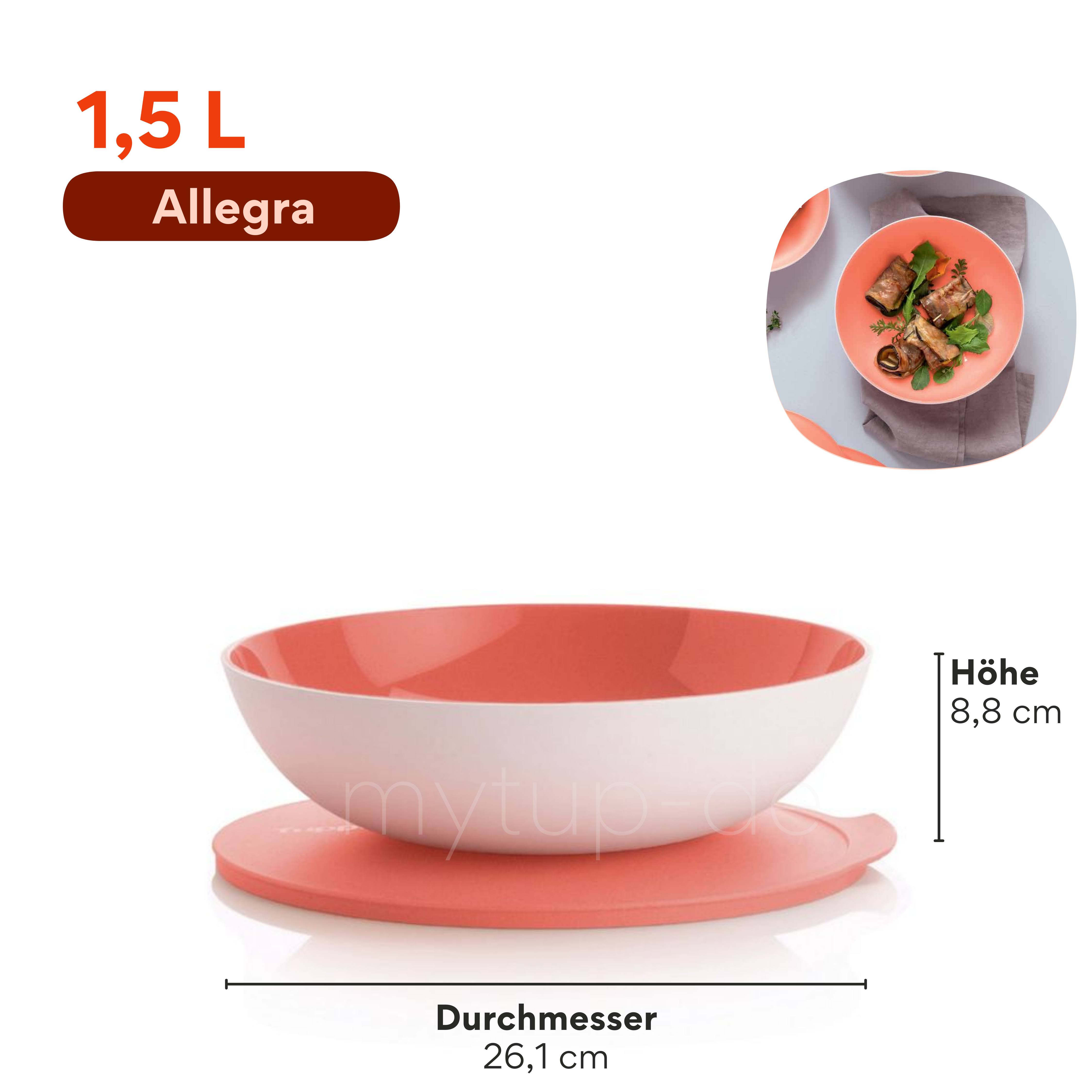 Allegra 1,5l Schüssel von der Marke Tupperware / in der Farbe Lachs/Coral - Weiß / Servierschüssel mit Deckel / Perfekt für jede Grillparty, Familienfeier oder auch Picknick / Hier direkt online kaufen 