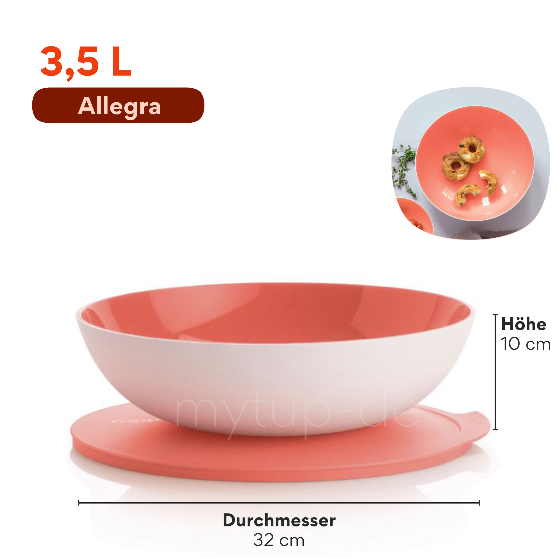 Allegra 3,5l Schüssel von der Marke Tupperware / in der Farbe Lachs -Weiß / Servierschüssel mit Deckel / Perfekt für jede Grillparty, Familienfeier oder auch Picknick / Hier direkt online kaufen 