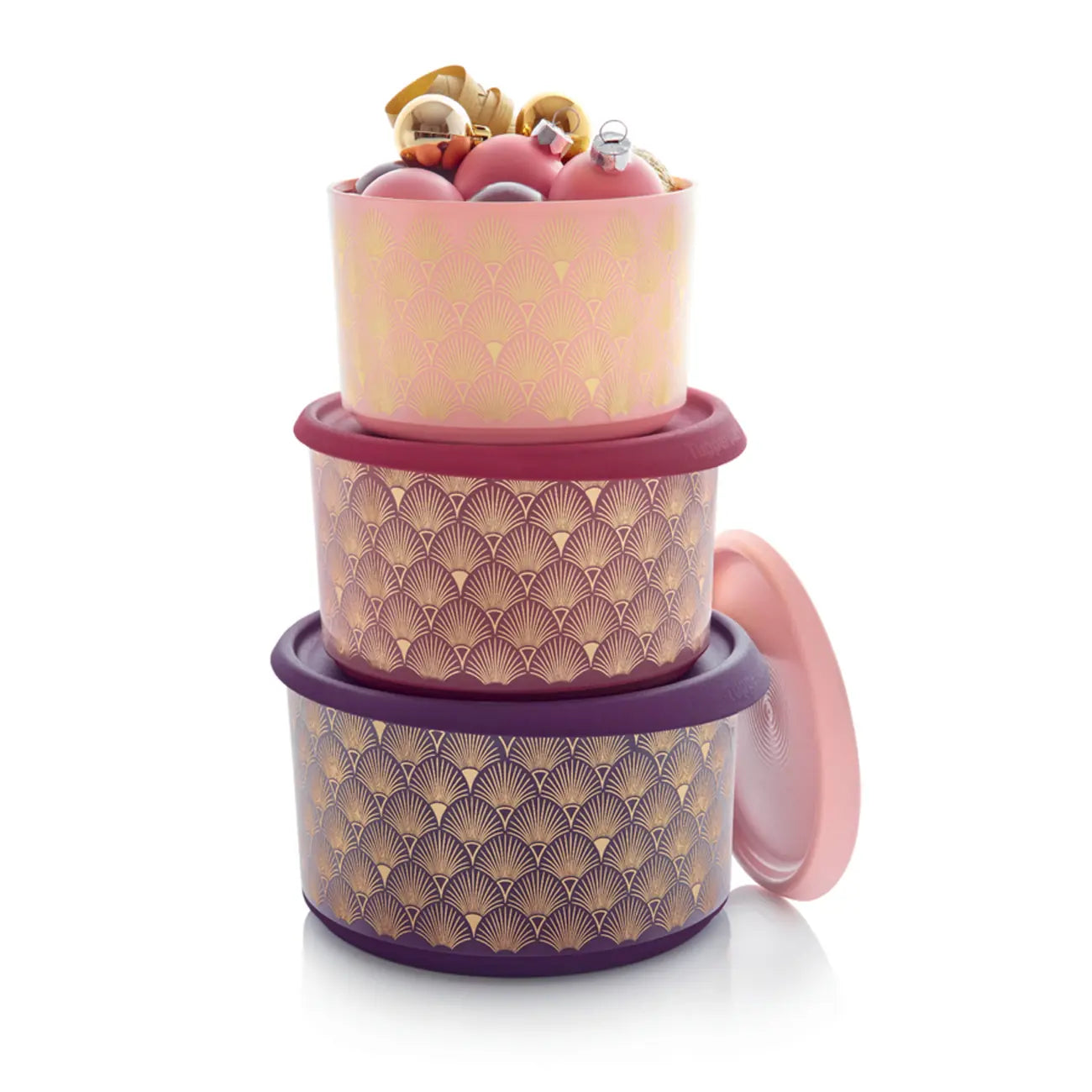 One Touch Runde 960ml von der Marke Tupperware / design Rosa Ornament / Ideal zum Frischhalten von Trockenwaren / einfaches Öffnen und schließen / Luft und Wasserdicht / Keksdose / Aufbewahrungsbox / Hier direkt online kaufen