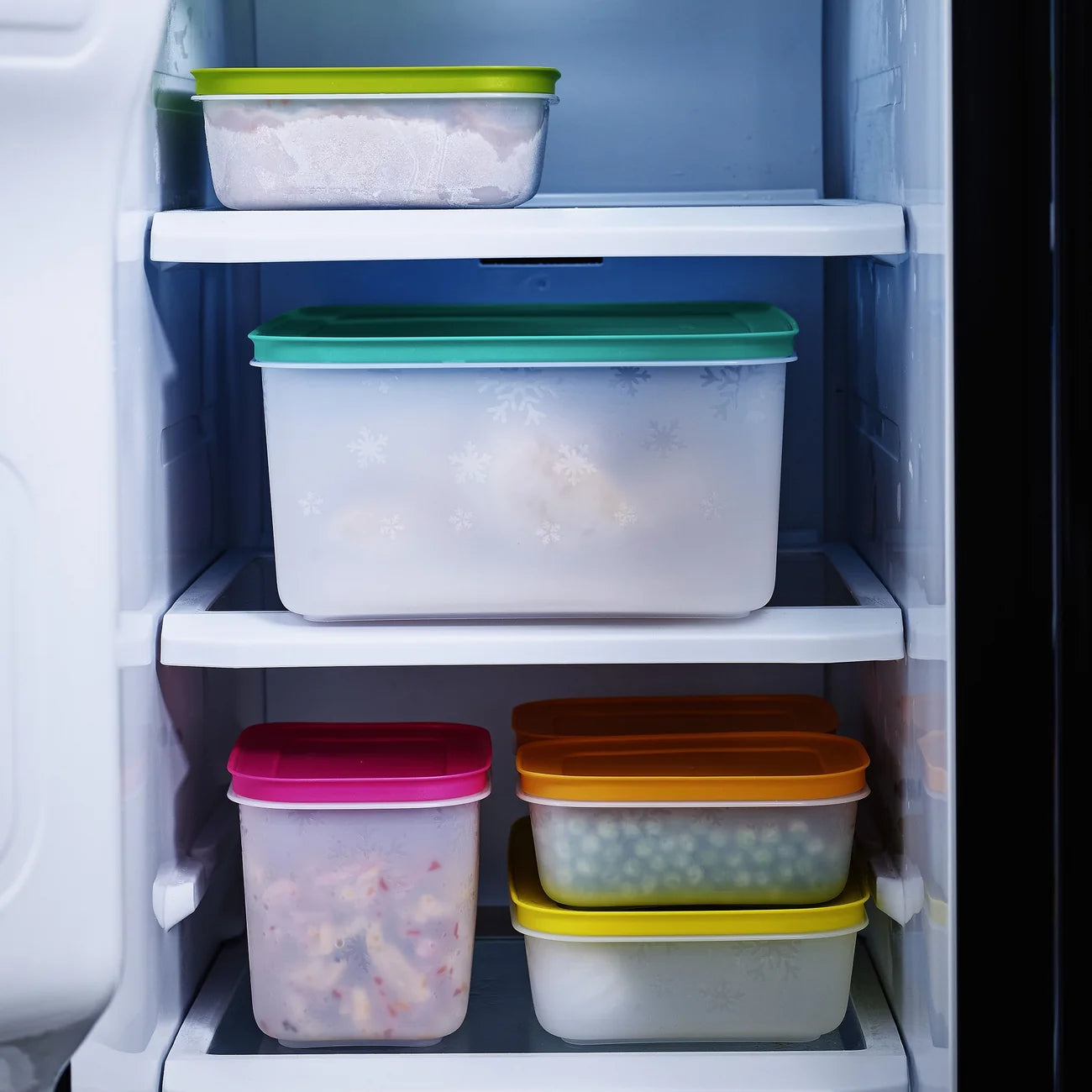 Eiskristall-Set von der Marke Tupperware / 5 Gefrierbehälter / 1 L, 2x 1,1 L und 2x 450ml Behälter / platzsparend und modular Stapelbar / für bis zu -25° geeignet / vermeidet Gefrierbrand / Hier direkt online kaufen