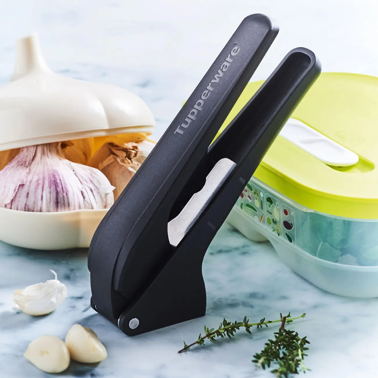 Knoblauchpresse Knobi-Star von der Marke Tupperware / Drei in Eins Küchenwerkzeug / zum Schälen und Pressen von Knoblauch / mit Kräuterentblätterungsfunktion / mit Ergonomischen Griff / Einfach zu Reinigen / Hier direkt online kaufen 