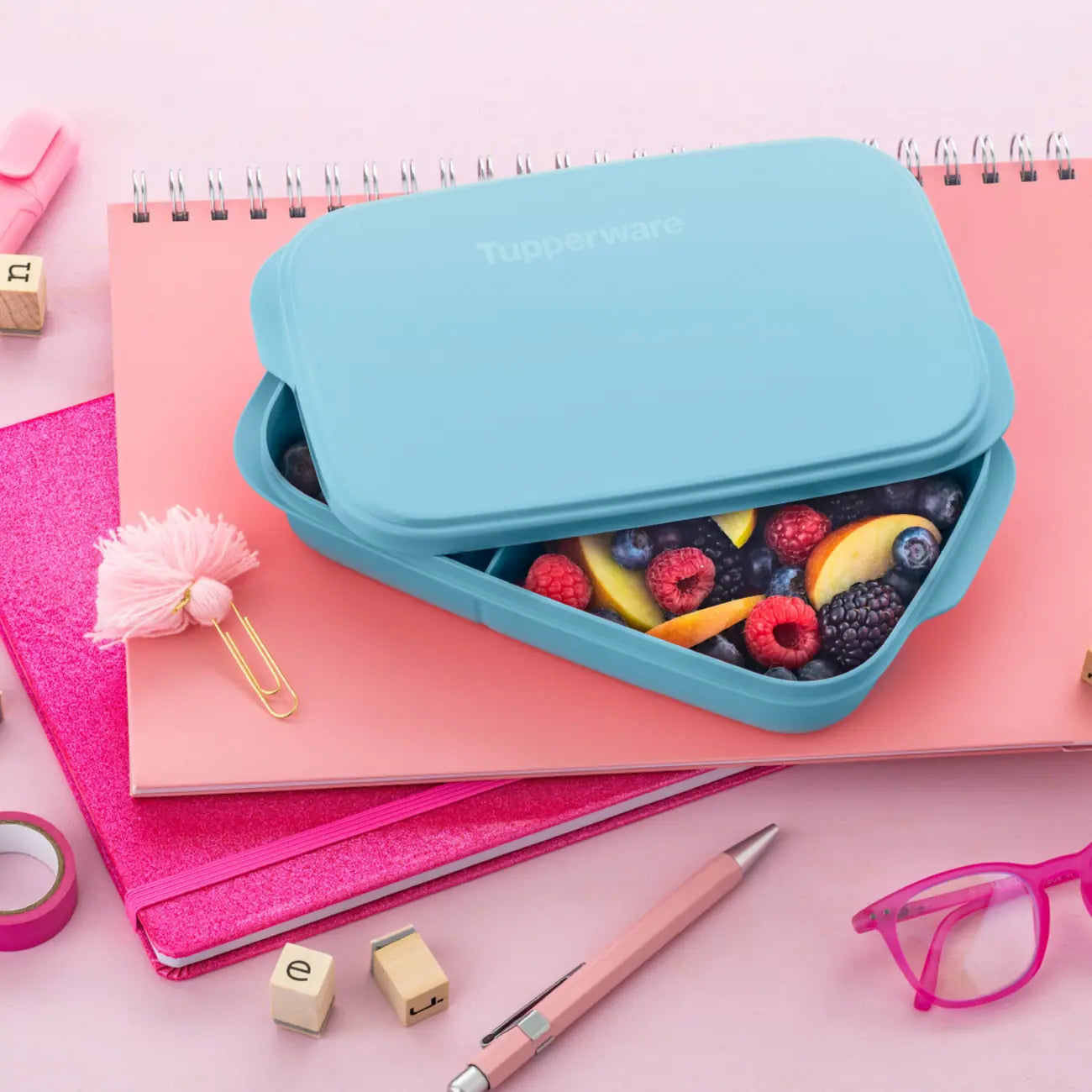 Eco Snackbox flach 590ml von der Marke Tupperware / in der Farbe Blau / Ideal für Unterwegs / mit zwei Praktischen Fächern / Hier direkt online kaufen