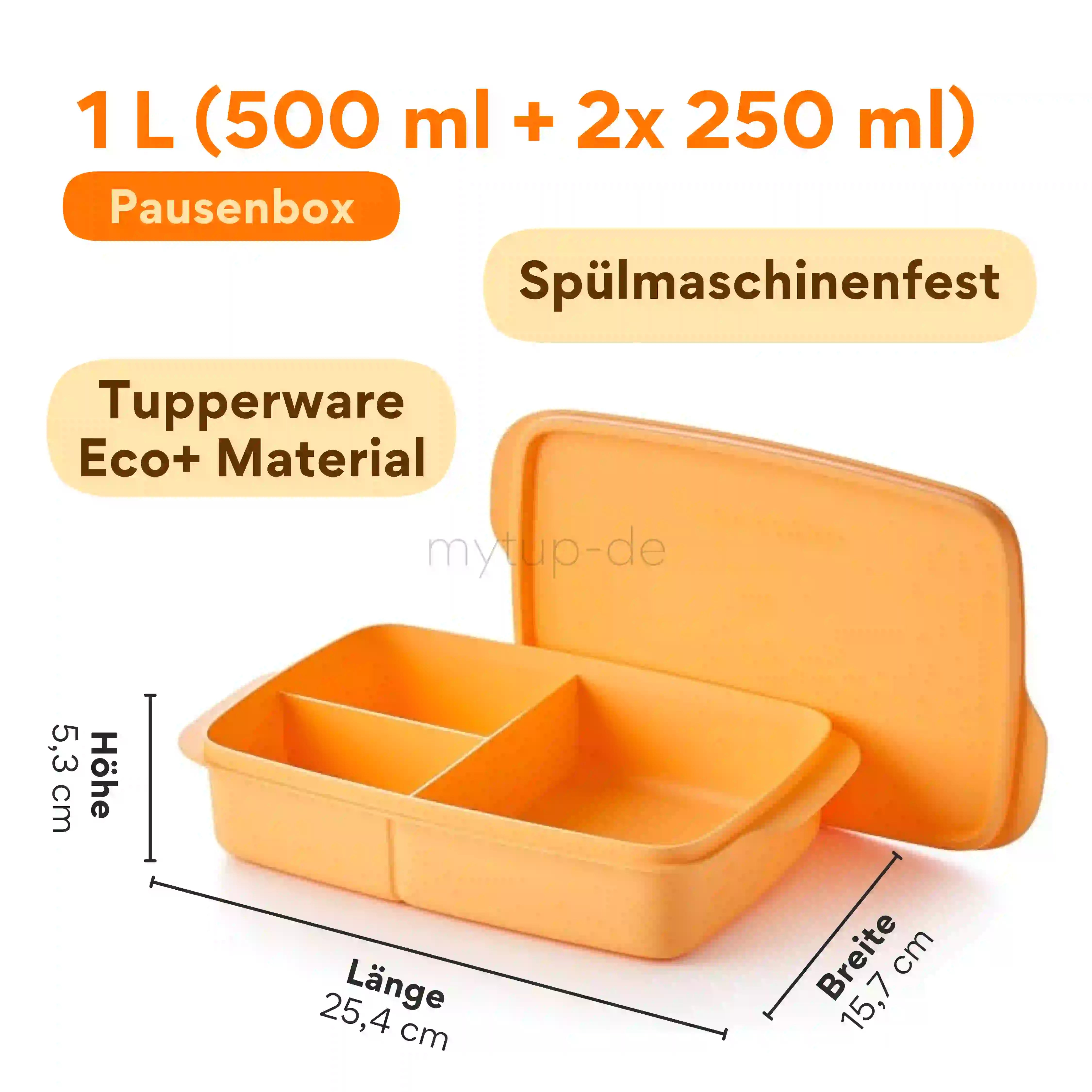 Eco+ Lunch Box / Pausen Box 1l von der Marke Tupperware / in der Farbe Orange / Spülmaschinenfest / mit Praktischen Unterteiler / Ideal fürs Pausenbrot / Hier direkt online kaufen 