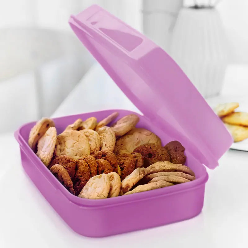 Großes Naschkätzchen 2l von der Marke Tupperware / in der Farbe Lila / Aufklappbarer Deckel / Rechteckige Form / einfache Reinigung / abnehmbarer Deckel / Perfekt für Picknicks / Aufbewahrungsbox / Abgerundete Ecken / Bild Naschkätzchen gefüllt mit Snacks 1 / Hier direkt online kaufen