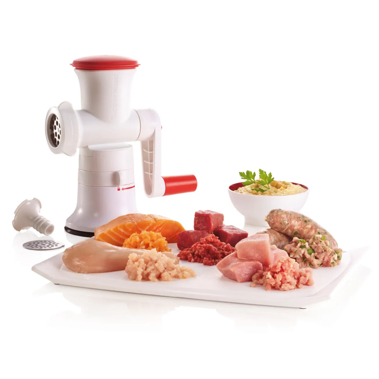 Profi-Chef Drehwerk von der Marke Tupperware / vielseitiger Fleischwolf & Gebäckprofi / inkl. Aufsätze für Spritzgebäck / mit Wurstaufsatz / einfache Bedienung / Perfekt für Würste, Hack, Füllungen und Gebäck / hier direkt online kaufen