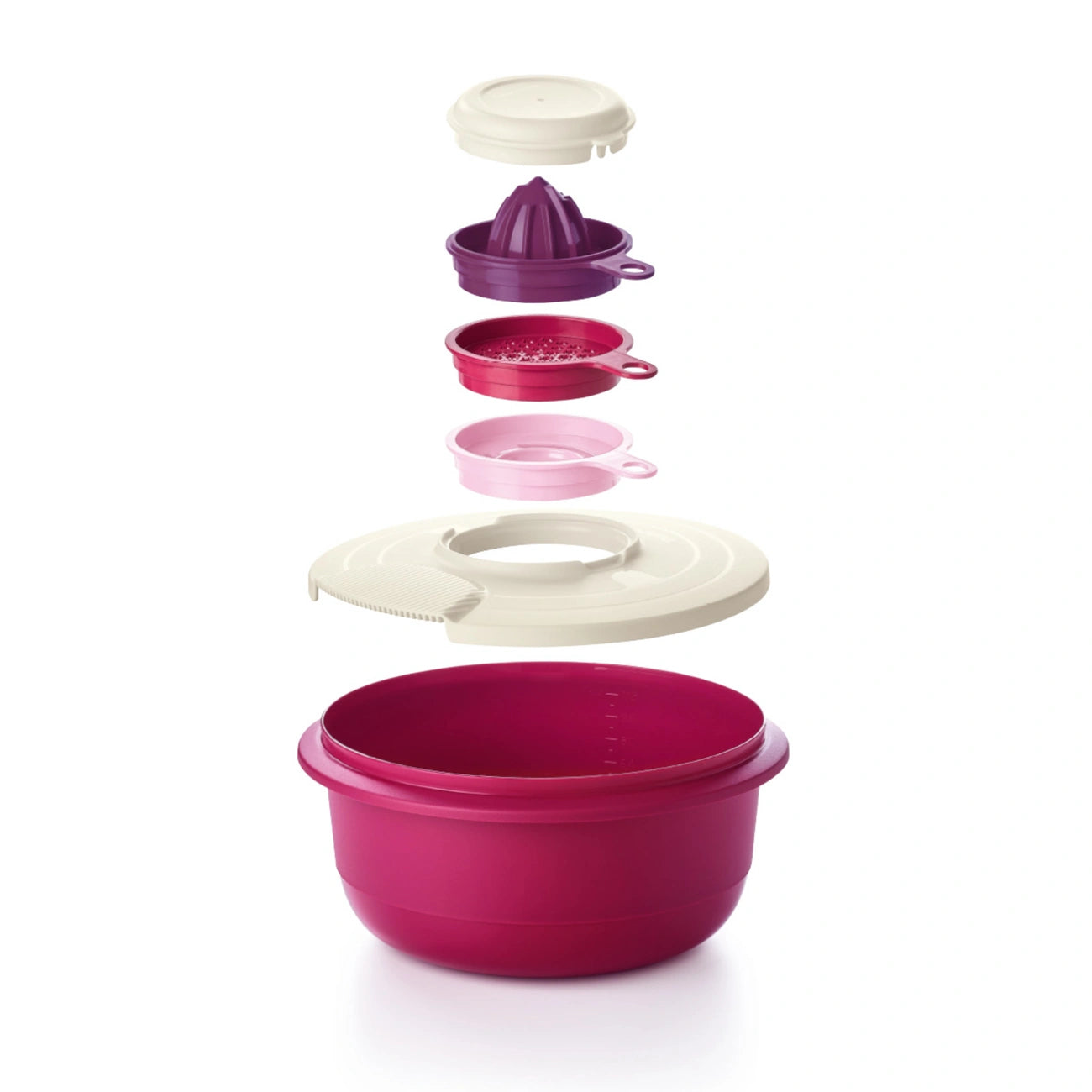 Küchenperle Lila von der Marke Tupperware / zum Reiben, Eitrennen und Fruchtpressen / inkl. Auffangbehälter / Ideal Kombinierbar mit dem Shake It und dem Rühr Mix 1,25 L / Alle teile sind modular Stapelbar / Platzsparend verstaubar / Hier direkt online kaufen