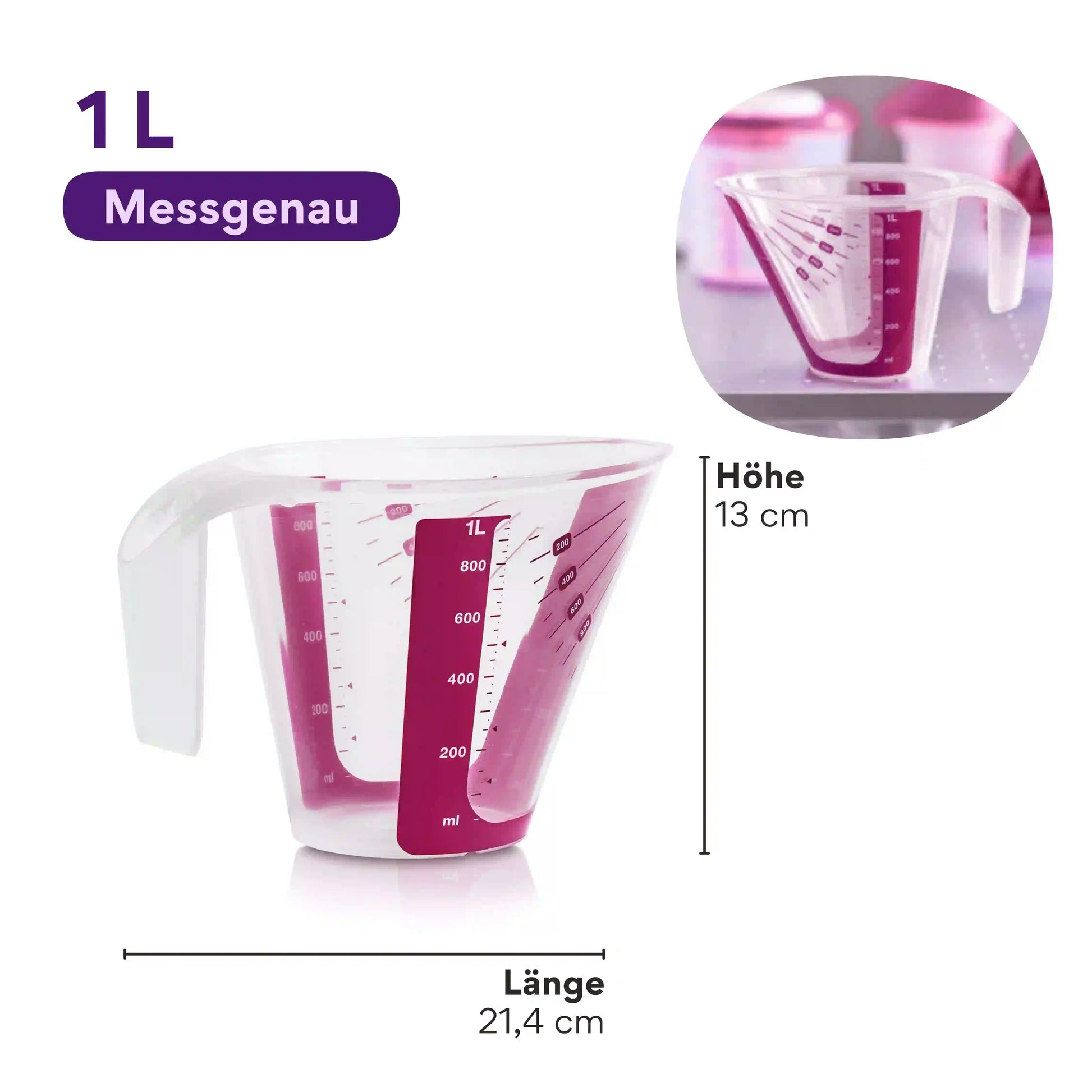 Messgenau 1L von der Marke Tupperware / in der Farbe Beere-Transparent / mit Doppelter Messskala / Spülmaschinengeeignet / Hier direkt online kaufen