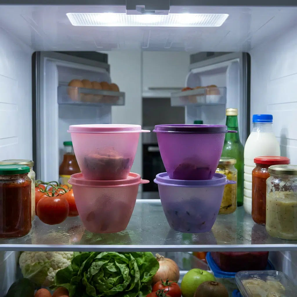 Kühlschrank-Behälter 380 ml geschlossen im Kühlschrank, Tupperware Kühlschrank-Behälter 380 ml offen mit Resten, Stapelbare Kühlschrank-Behälter 380 ml im Kühlschrank, Auslaufsicherer Behälter 380 ml für unterwegs