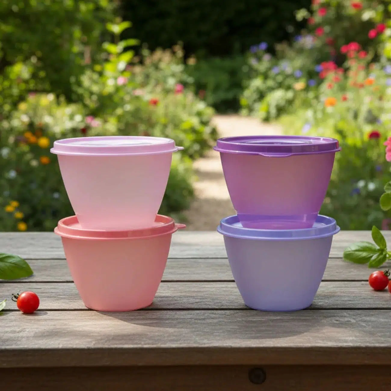 Kühlschrank-Behälter 380 ml geschlossen im Kühlschrank, Tupperware Kühlschrank-Behälter 380 ml offen mit Resten, Stapelbare Kühlschrank-Behälter 380 ml im Kühlschrank, Auslaufsicherer Behälter 380 ml für unterwegs