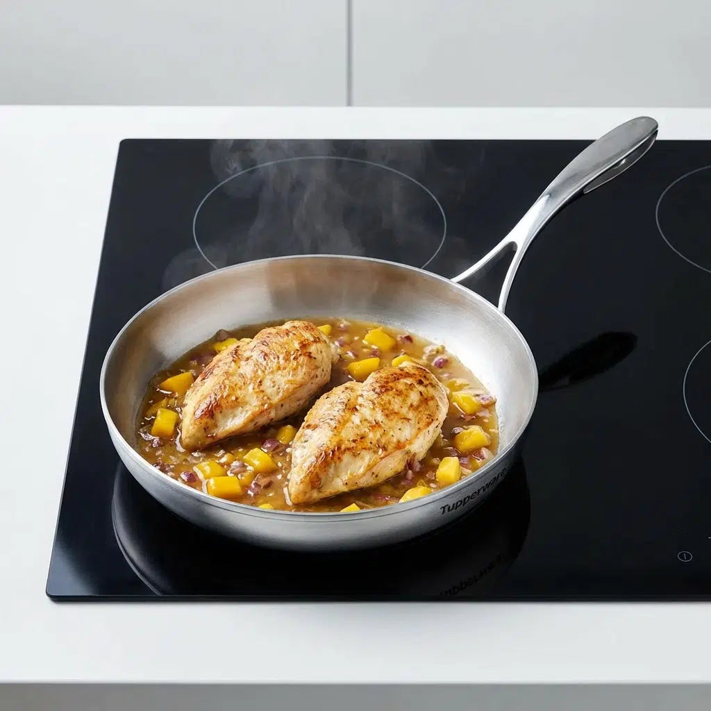 Mastro Edelstahlpfanne 28cm mit Deckel von der Marke Tupperware / Bratpfanne / Stielpfanne / geeignet für Induktion, Gas, Elektro und den Backofen / Hier direkt online kaufen 