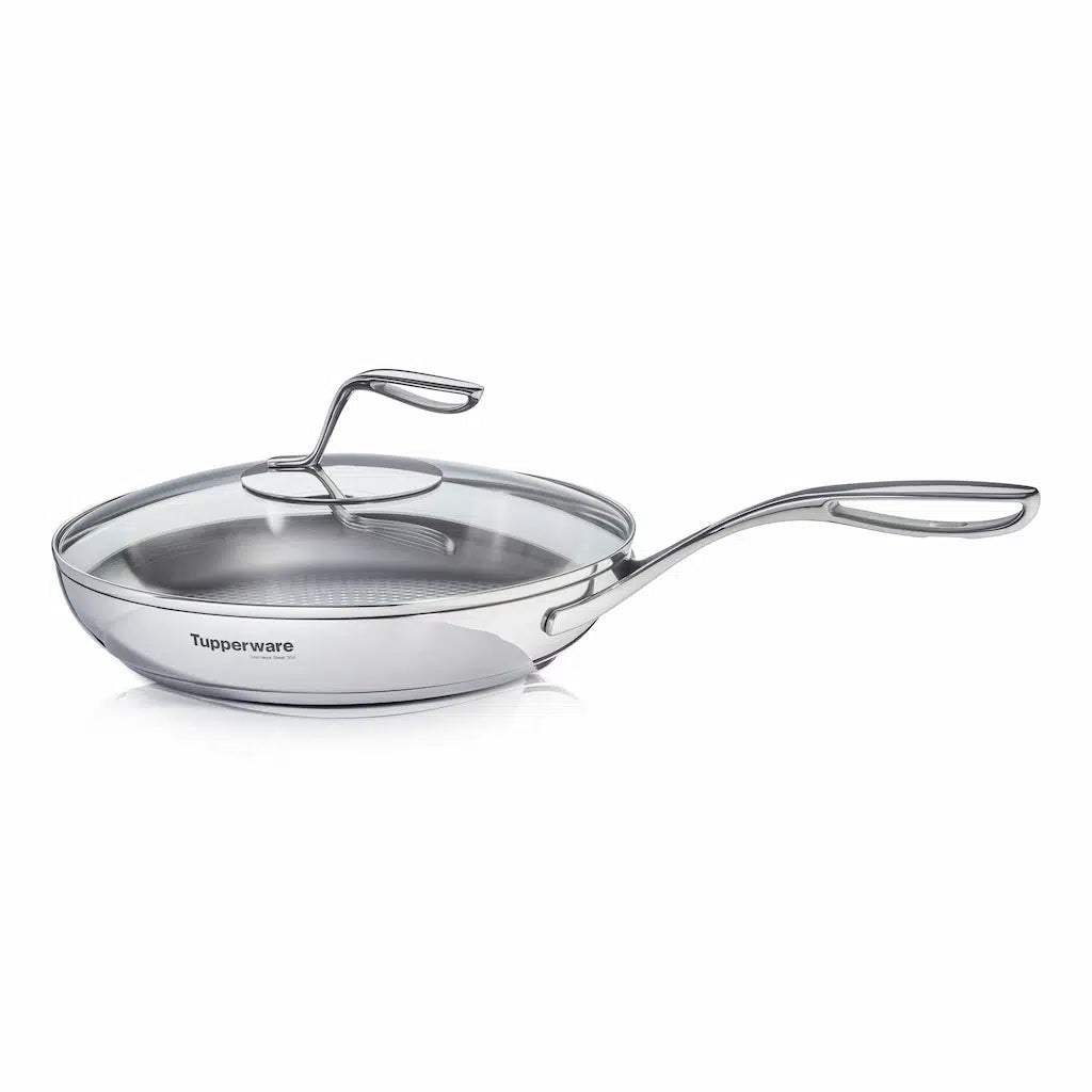Mastro Edelstahlpfanne 28cm mit Deckel von der Marke Tupperware / Bratpfanne / Stielpfanne / geeignet für Induktion, Gas, Elektro und den Backofen / Hier direkt online kaufen 