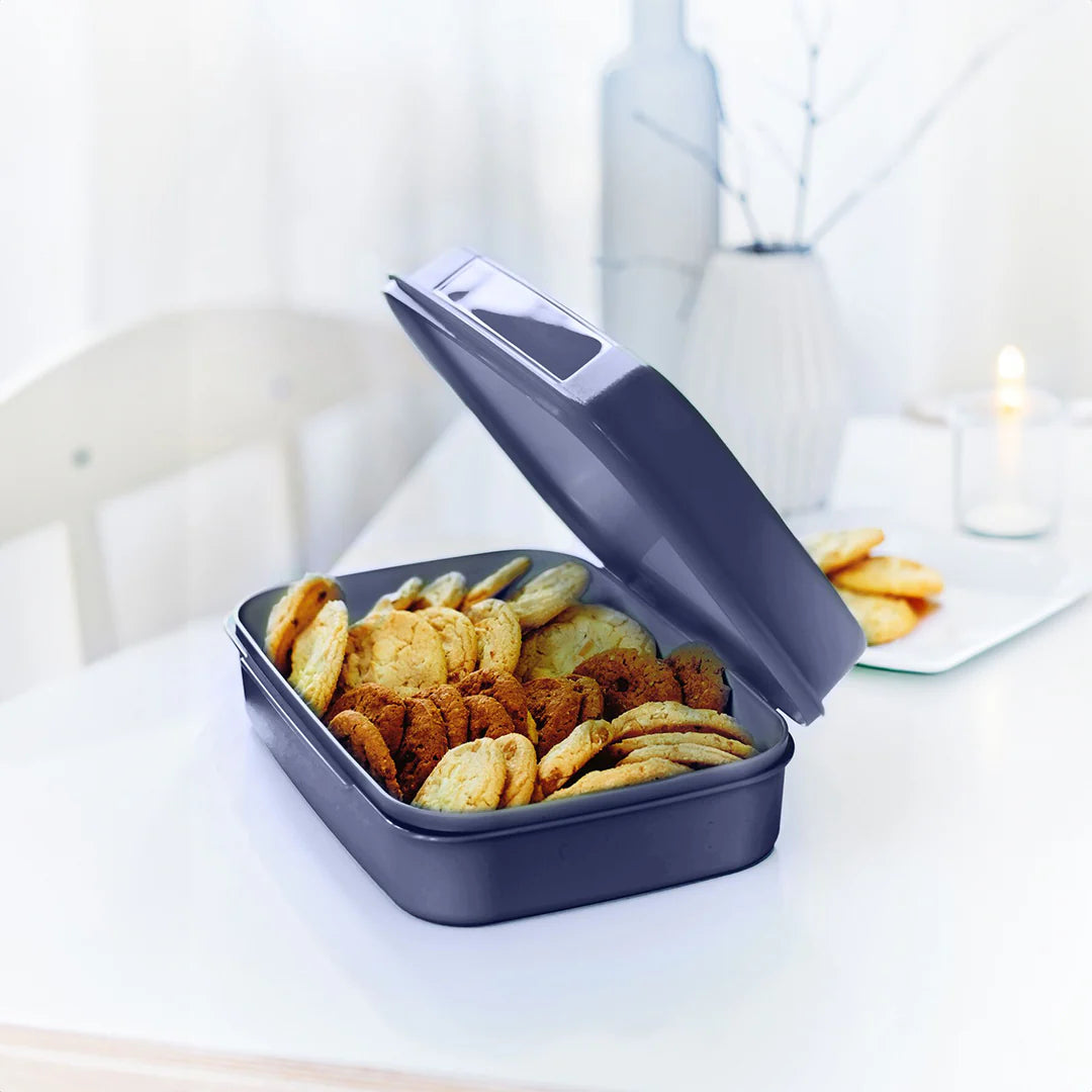 Großes Naschkätzchen 2l von der Marke Tupperware / in der Farbe Lila / Aufklappbarer Deckel / Rechteckige Form / einfache Reinigung / abnehmbarer Deckel / Perfekt für Picknicks / Aufbewahrungsbox / Abgerundete Ecken / Bild Naschkätzchen gefüllt mit Snacks 2 / Hier direkt online kaufen