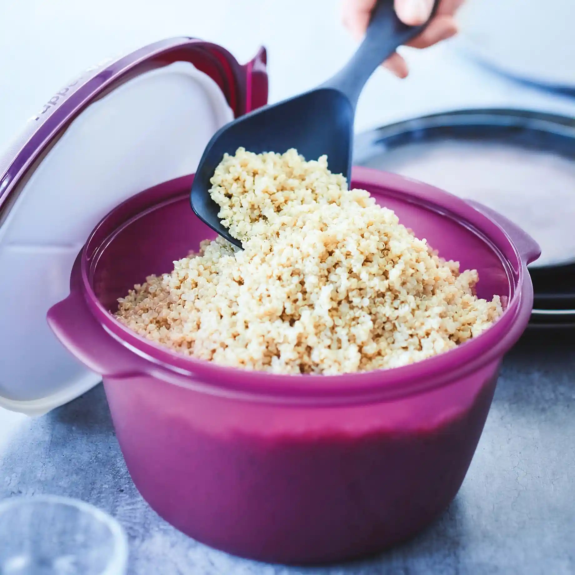 Großer Reis-Meister 3 L von der Marke Tupperware / in der Farbe Lila / Mikrowellen Reis-Kocher / zum kochen von Reis oder Getreide / mit Cleveren Einsatz der das Überkochen verhindert / Hier direkt online kaufen 