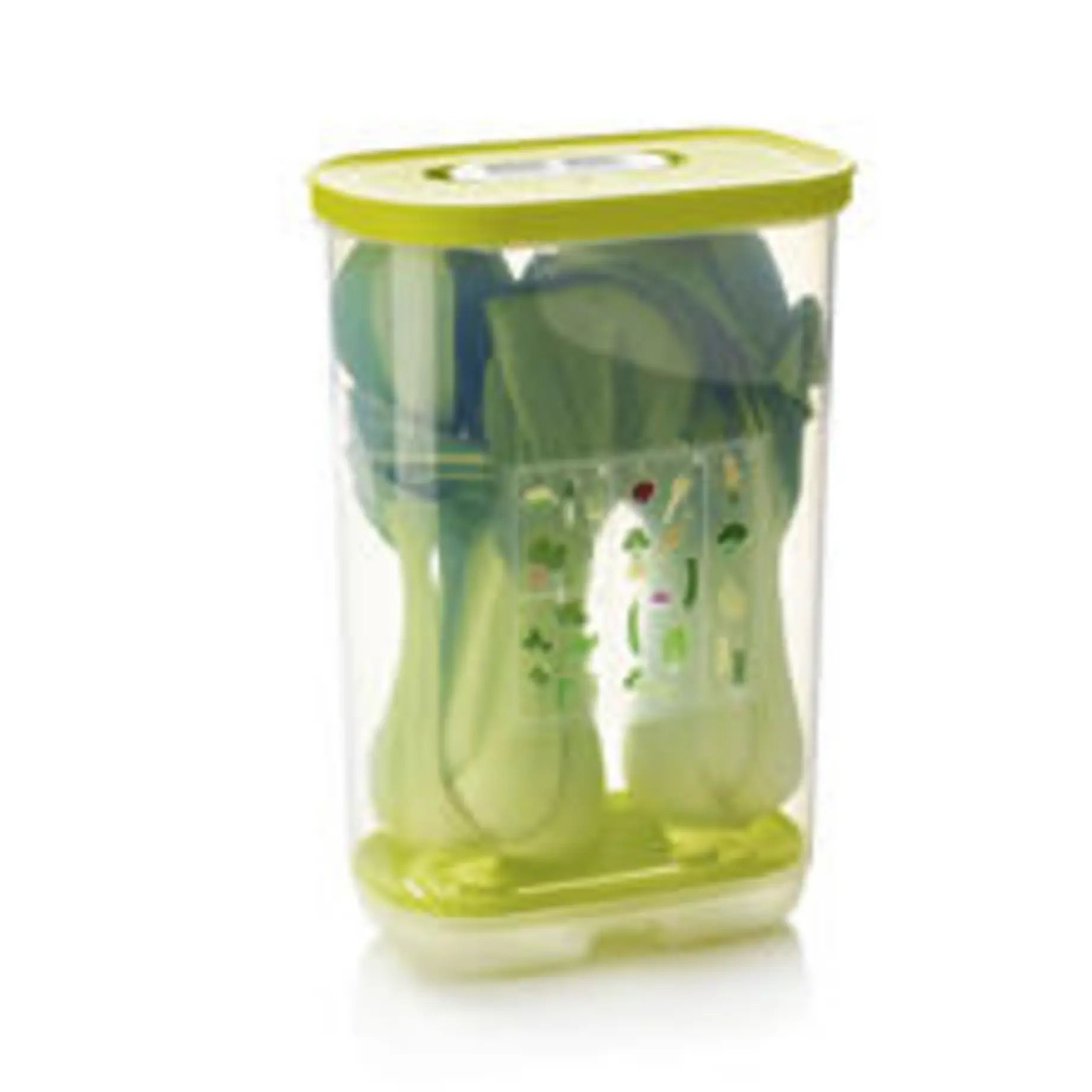 KlimaOase Vertikal von der Marke Tupperware / Perfekt für längliches Gemüse und Kräuter / Behälter mit Schiebe Regler für die Luft zufuhr / Mit integriertem Frischegitter / Vorratsbehälter / Beispielbild KlimaOase mit Gemüse gefüllt / Hier direkt online kaufen