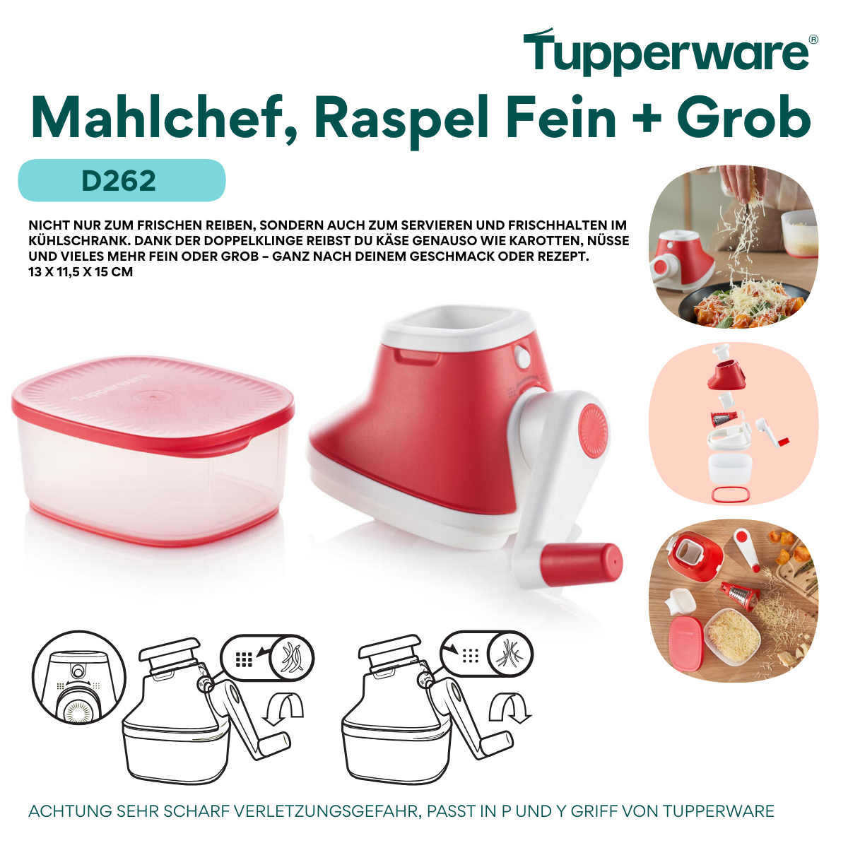 Grate N Store Multi-Mühle von der Marke Tupperware / Käsereibe / mit praktischen Behälter direkt an der Reibe dran / 2 in 1 Raspel Einsatz / Spülmaschinen geeignet / Hier direkt online kaufen