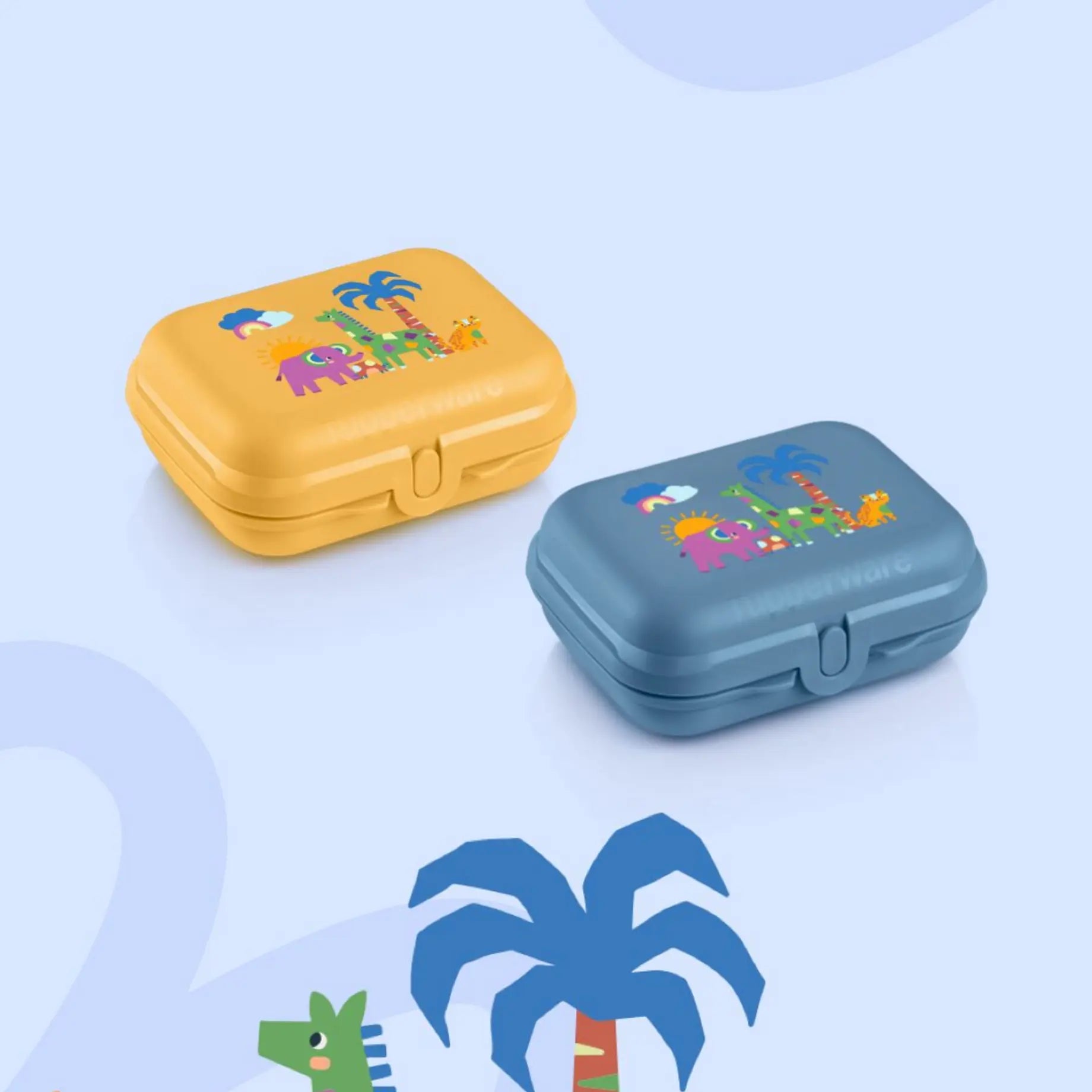 Kleiner Twin Oyster Safari gelb der Marke Tupperware / Kinder Brotbox / Safari Design / Ideal zum Mitnehmen / Kinderfreundlicher Verschluss / deckel zum Aufklappen / Hier direkt online kaufen 
