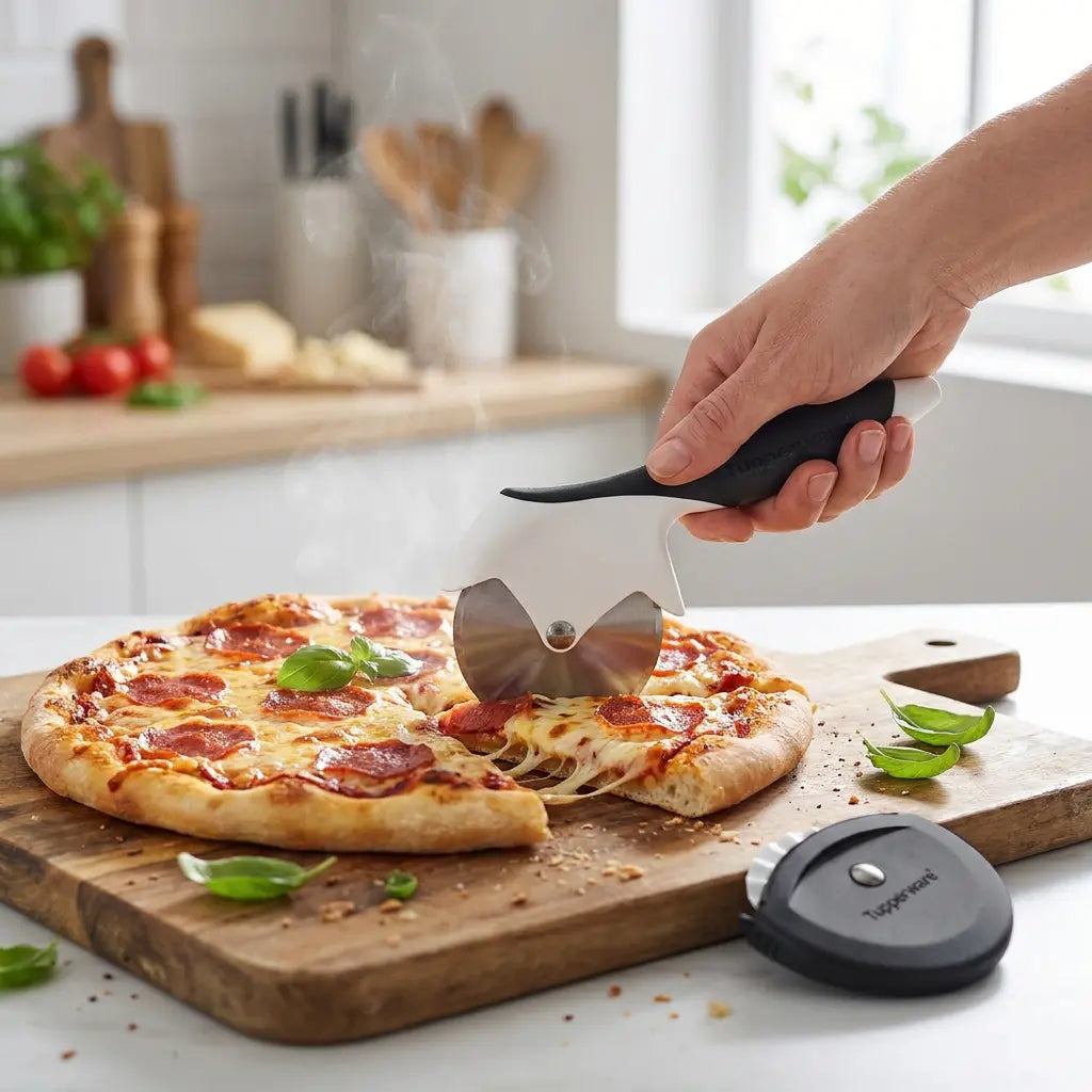 Rad Profi Pizzaschneider Teigrädchen von der Marke Tupperware / Pizzaschneider und Teigrädchen in einem / auch ideal für Flammkuchen, Quiche und Lorraine / mit ergonomischen griff / Hier direkt online kaufen 