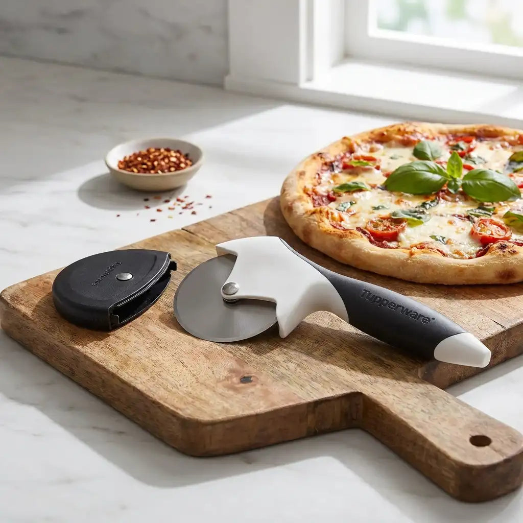 Rad Profi Pizzaschneider Teigrädchen von der Marke Tupperware / Pizzaschneider und Teigrädchen in einem / auch ideal für Flammkuchen, Quiche und Lorraine / mit ergonomischen griff / Hier direkt online kaufen 