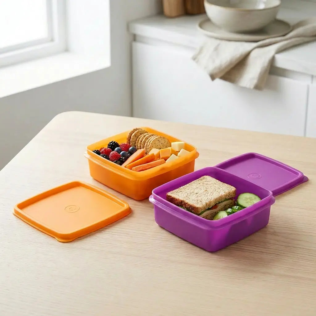 Klick & Go- Set klein von der Marke Tupperware / in der Farbe Orange und Lila / Ideal für Unterwegs / mit Praktischem Tragehenkel / Stapelbar mit anderen Boxen dieser Art / 2x Klick & Go Lunchbox / zusammen klippbare Brotboxen / hier direkt online kaufen 
