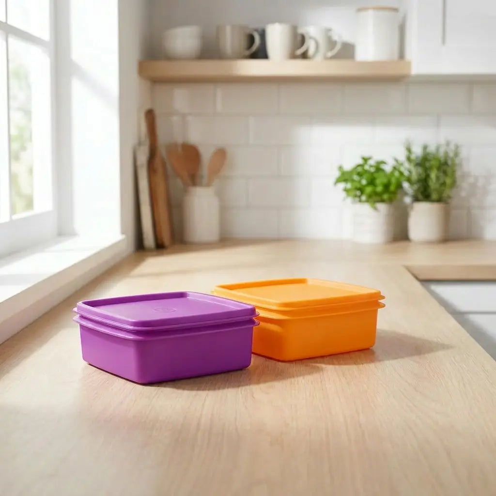 Klick & Go- Set klein von der Marke Tupperware / in der Farbe Orange und Lila / Ideal für Unterwegs / mit Praktischem Tragehenkel / Stapelbar mit anderen Boxen dieser Art / 2x Klick & Go Lunchbox / zusammen klippbare Brotboxen / hier direkt online kaufen 