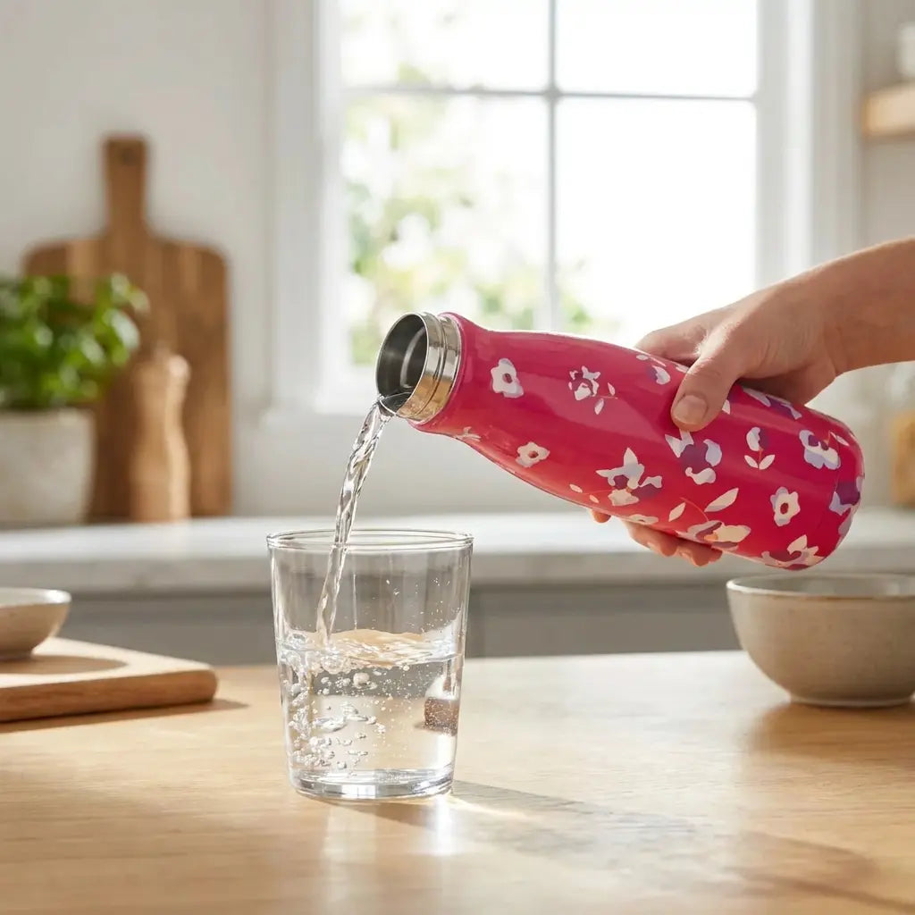 Fashion Flask 410ml von der Marke Tupperware / Isolierflasche / leichtes Reinigen / mit Buntem Printdesign / Besonders gut geeignet für Unterwegs / Beispielbild Flasche in der Hand 1 / Hier direkt online kaufen 