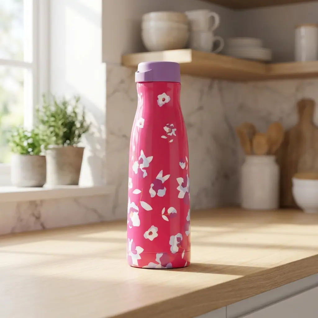 Fashion Flask 410ml von der Marke Tupperware / Isolierflasche / leichtes Reinigen / mit Buntem Printdesign / Besonders gut geeignet für Unterwegs / Beispielbild Flasche in der Hand 1 / Hier direkt online kaufen 