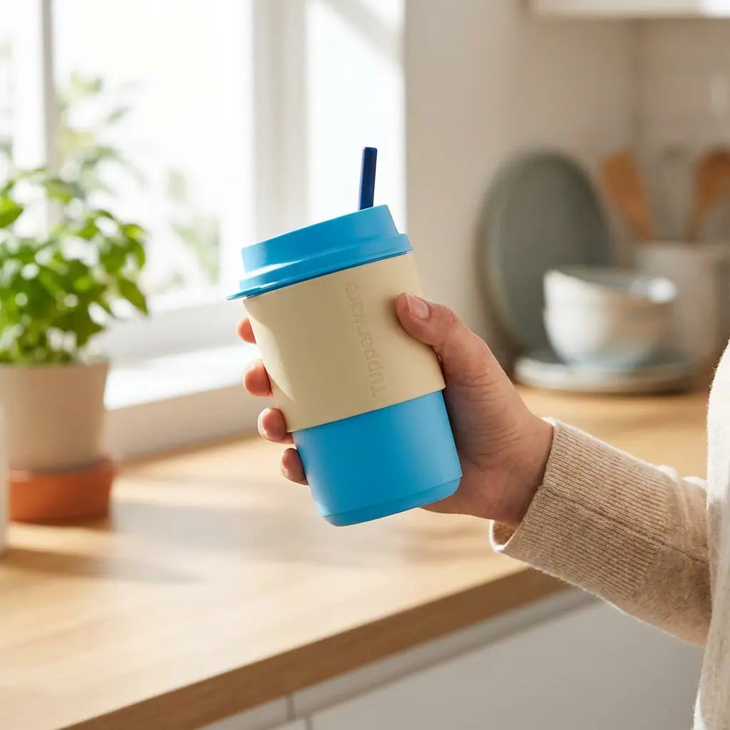 Eco+ Kaffeebecher 350 ml von der Marke Tupperware in der Farbe Blau-gelb /  in Trendiger Farbkombination / Umweltfreundlich & Nachhaltig  / Banderole schützt die Finger vor der Hitze und sorgt für einen guten Griff / Perfekt für den Alltag / Hier direkt online kaufen 