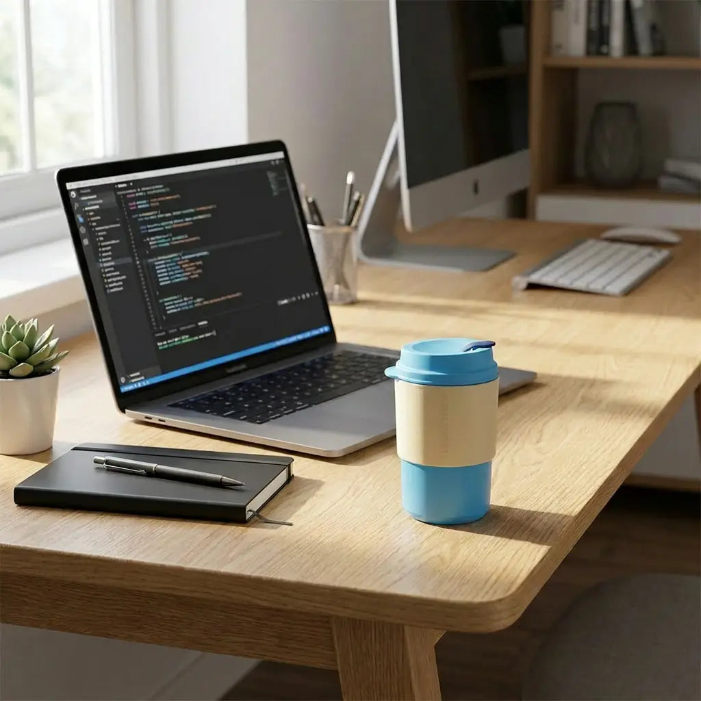 Eco+ Kaffeebecher 350 ml von der Marke Tupperware in der Farbe Blau-gelb /  in Trendiger Farbkombination / Umweltfreundlich & Nachhaltig  / Banderole schützt die Finger vor der Hitze und sorgt für einen guten Griff / Perfekt für den Alltag / Hier direkt online kaufen 