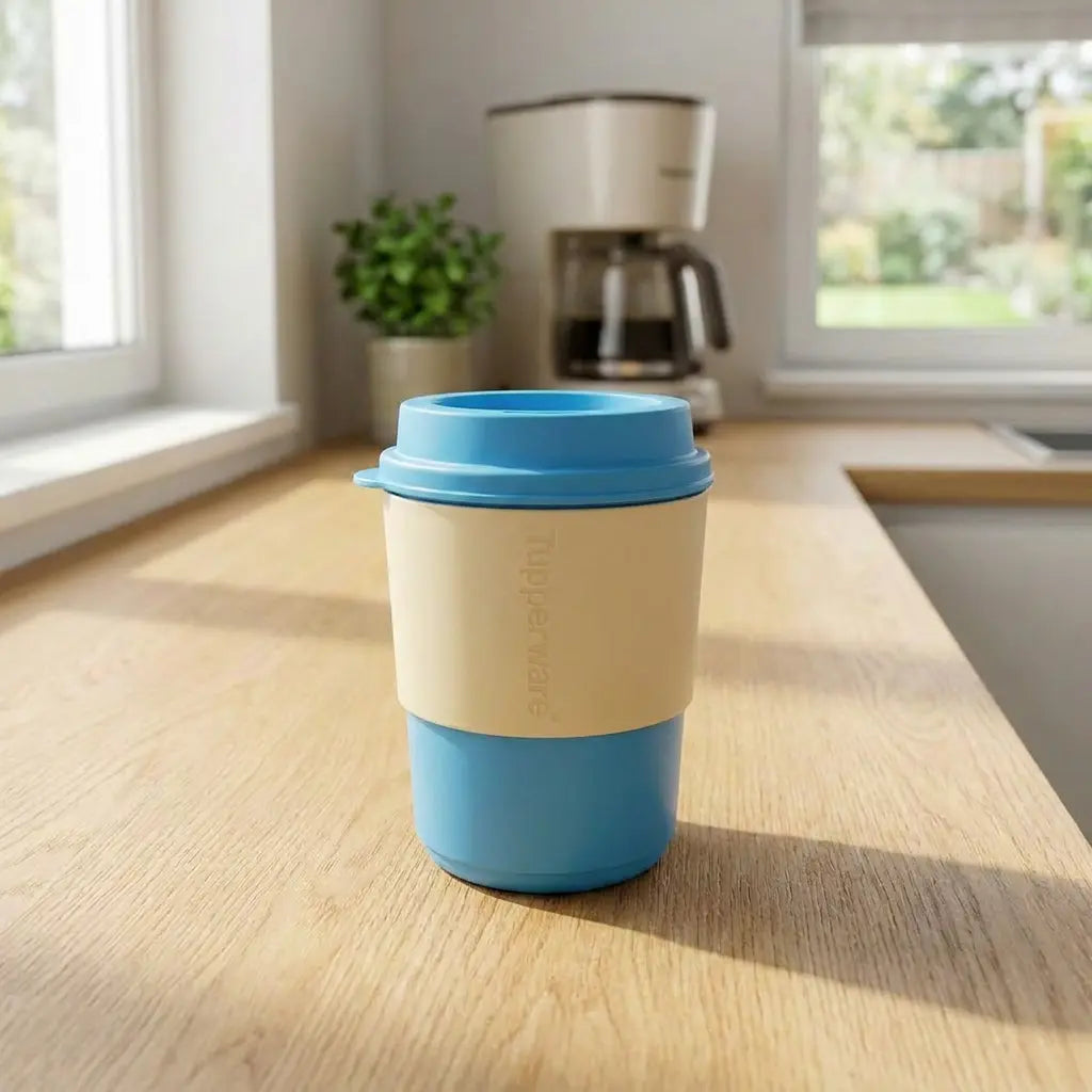 Tupperware Eco+ Kaffebecher 350 ml blau/gelb T102G Unterwegs / Eco+ Kaffeebecher 350 ml von der Marke Tupperware in der Farbe Blau-gelb /  in Trendiger Farbkombination / Umweltfreundlich & Nachhaltig  / Banderole schützt die Finger vor der Hitze und sorgt für einen guten Griff / Perfekt für den Alltag / Hier direkt online kaufen