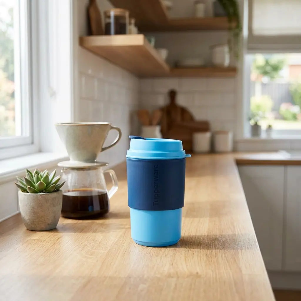 Eco+ Kaffeebecher 350 ml von der Marke Tupperware in der Farbe Blau-Dunkel Blau /  in Trendiger Farbkombination / Umweltfreundlich & Nachhaltig  / Banderole schützt die Finger vor der Hitze und sorgt für einen guten Griff / Perfekt für den Alltag / Hier direkt online kaufen 