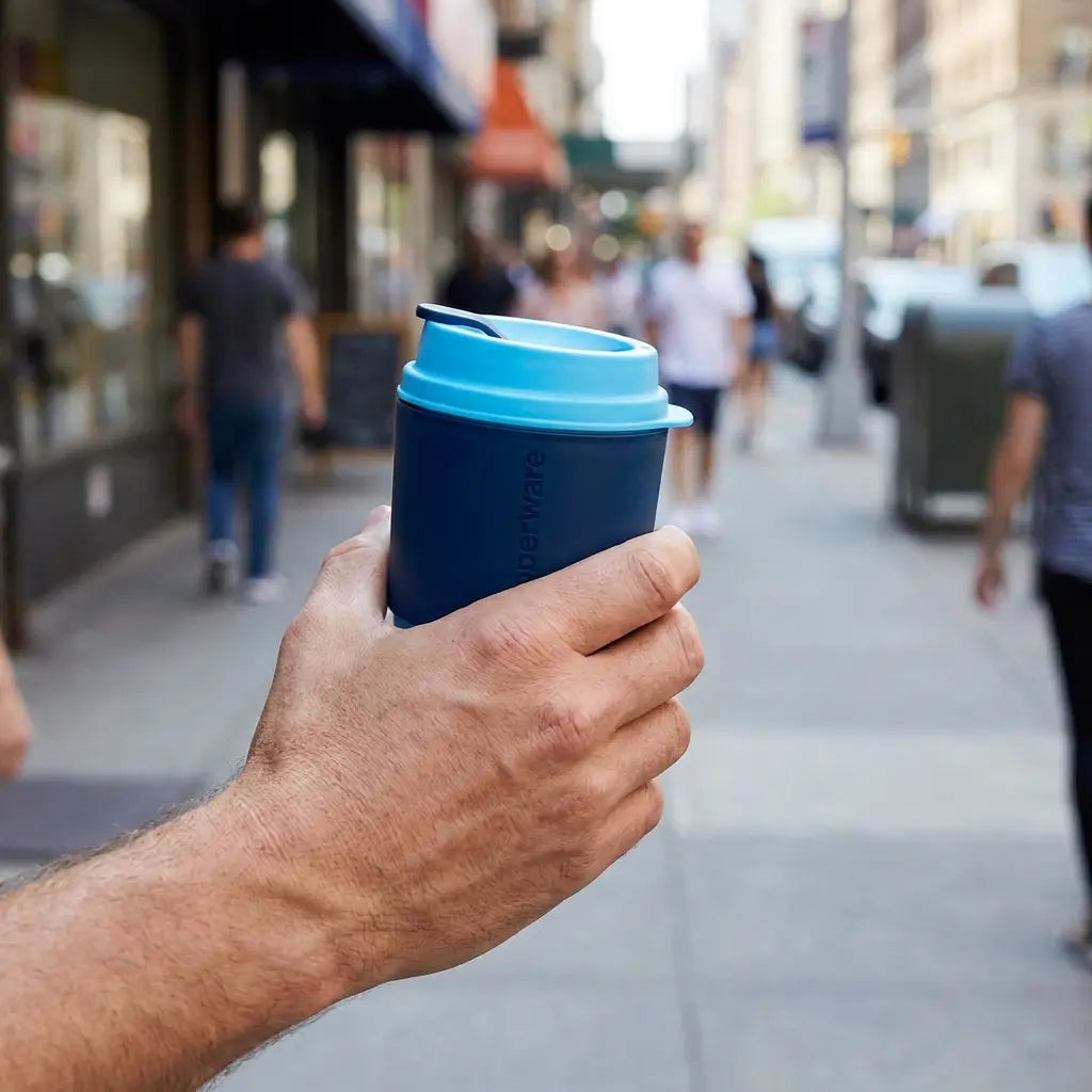 Eco+ Kaffeebecher 350 ml von der Marke Tupperware in der Farbe Blau-Dunkel Blau /  in Trendiger Farbkombination / Umweltfreundlich & Nachhaltig  / Banderole schützt die Finger vor der Hitze und sorgt für einen guten Griff / Perfekt für den Alltag / Hier direkt online kaufen 