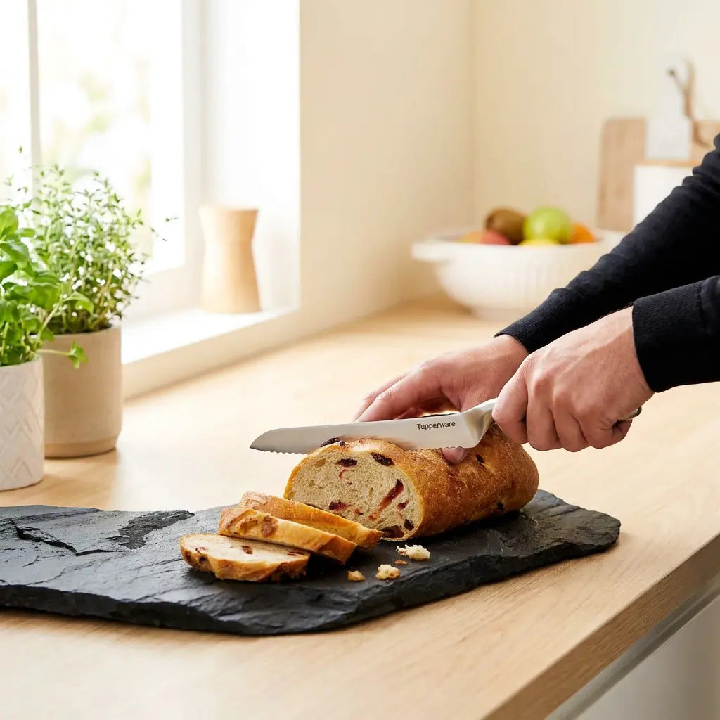 Mastro Brotmesser von der Marke Tupperware / Edelstahlmesser mit Wellenschliff / ergonomischer Messergriff / inkl. Schutzhülle / Ideal für Brot, Gemüse und Obst wie z.B Grapefruits / Hier direkt online kaufen 