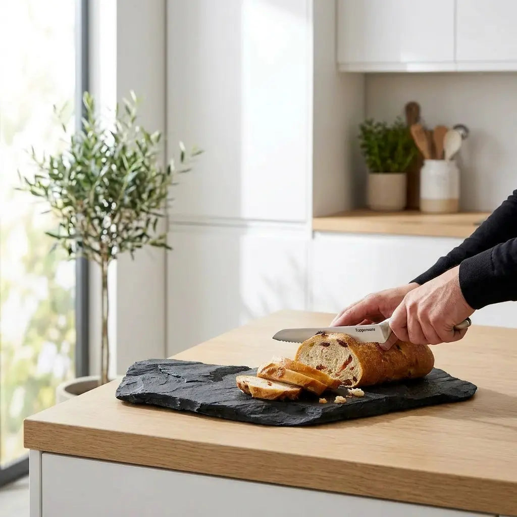 Mastro Brotmesser von der Marke Tupperware / Edelstahlmesser mit Wellenschliff / ergonomischer Messergriff / inkl. Schutzhülle / Ideal für Brot, Gemüse und Obst wie z.B Grapefruits / Hier direkt online kaufen 