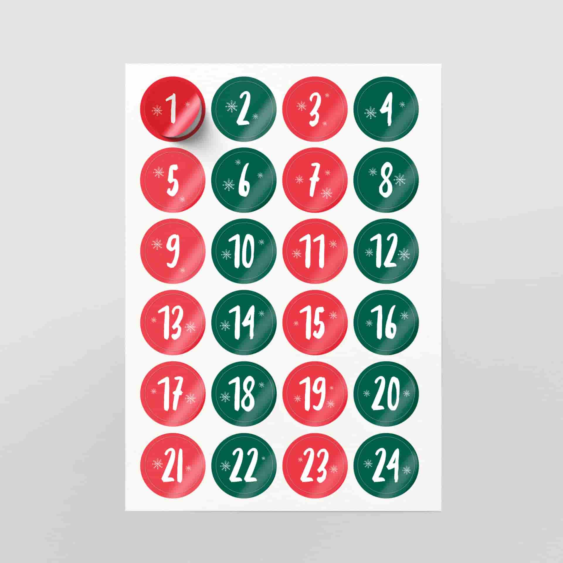 Adventskalender Sticker bogen Zahlen / in den Farben Rot und Grün / Hier direkt online kaufen