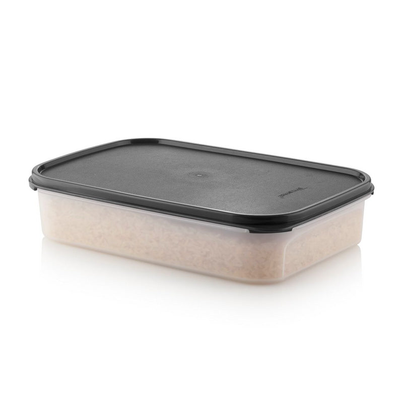 Eidgenosse Rechteckig 2L von der Marke Tupperware / Deckelfarbe Schwarz / mit Transparenten Sichtfenster für mehr Übersicht / runde Form für platzsparende Aufbewahrung / dichtschließender Deckel / modular Stapelbar / Vorratsdose / Lebensmittelaufbewahrung / Hier direkt online kaufen 