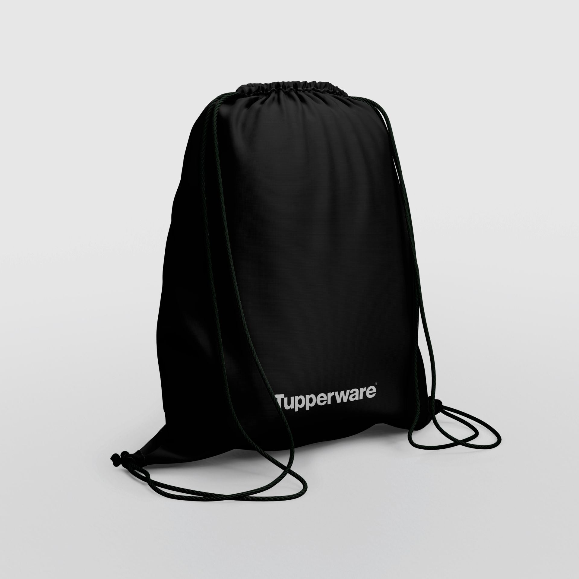 Schwarzer Zugbeutel von der Marke Tupperware / mit weißem Tupperware Aufdruck / mit einem Zug auf und Zu / Hier direkt online kaufen