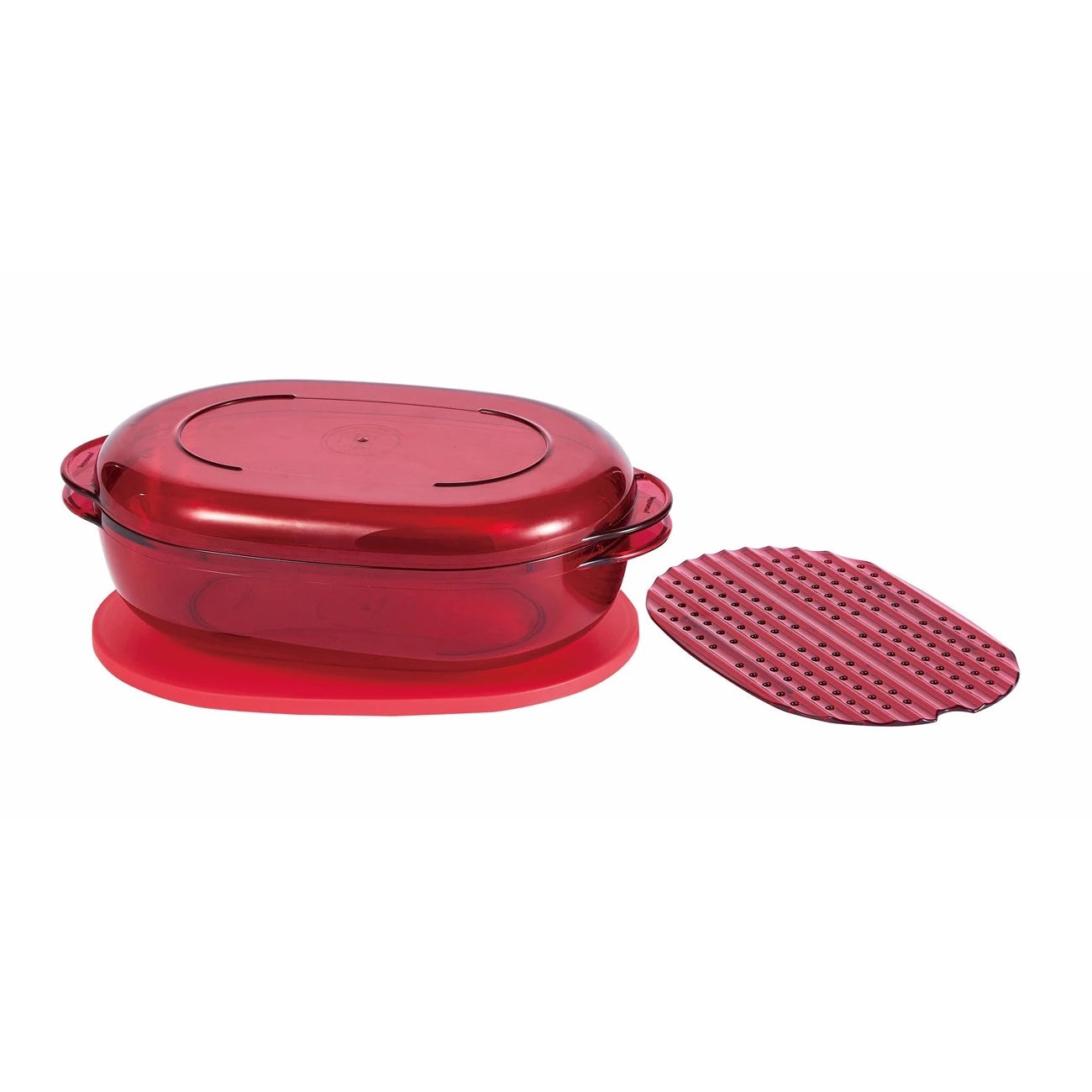 Tupperware Microplus 2 oval 1,5 l – Mikrowellen-Kochform mit Dämpfeinsatz, transparent rot