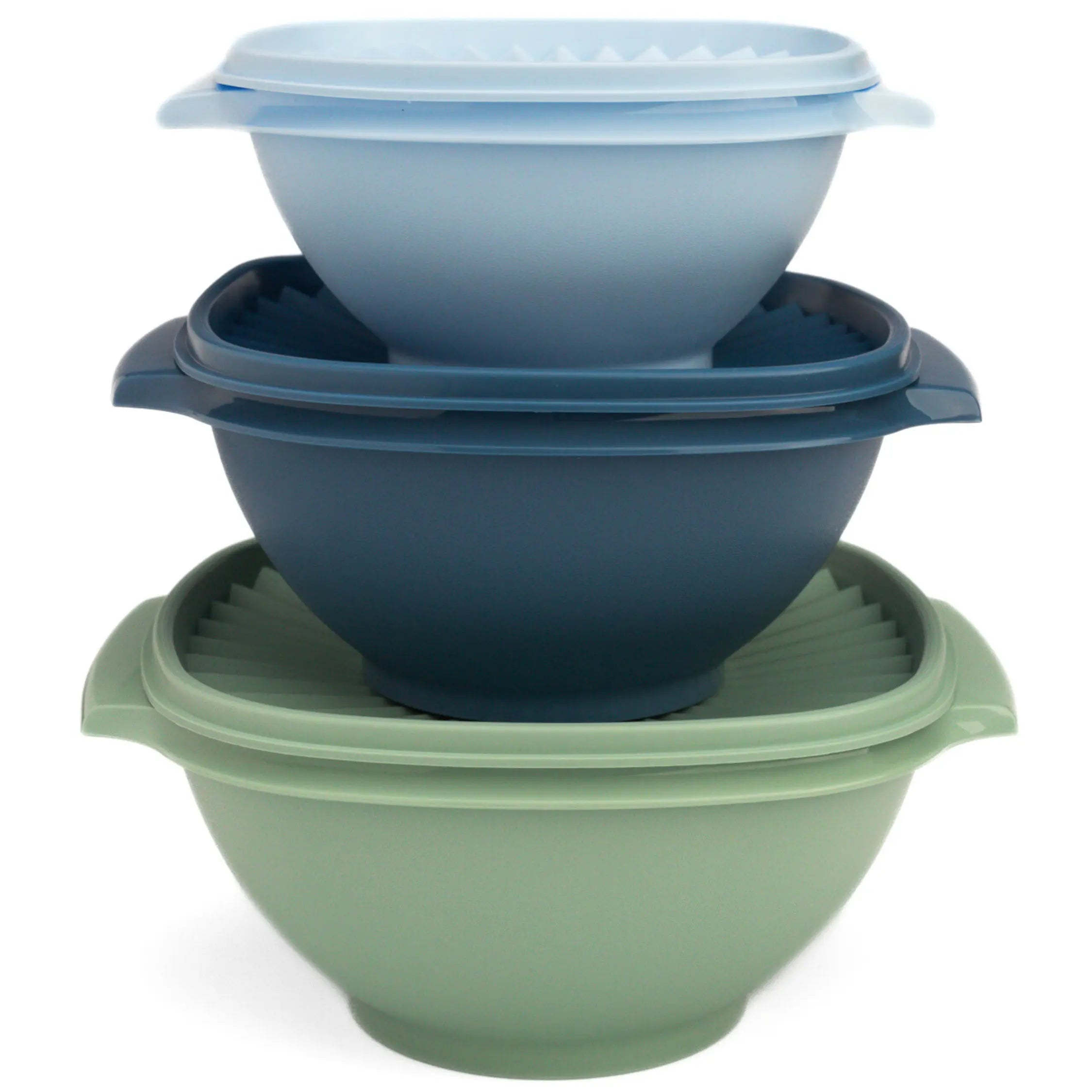 Servierschüsseln Sonne Trio von der Marke Tupperware / in den Farben Hellblau, Blau und Grün / Transportschüsseln / Servierschüsseln / Lebensmittelbehälter Set / Stapelbar / hier direkt online kaufen