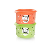 Tupperware Vorratsprofi Duo, 2 One-Touch-Behälter 575 ml mit Kühe-Motiv (orange & grün), luftdicht und stapelbar