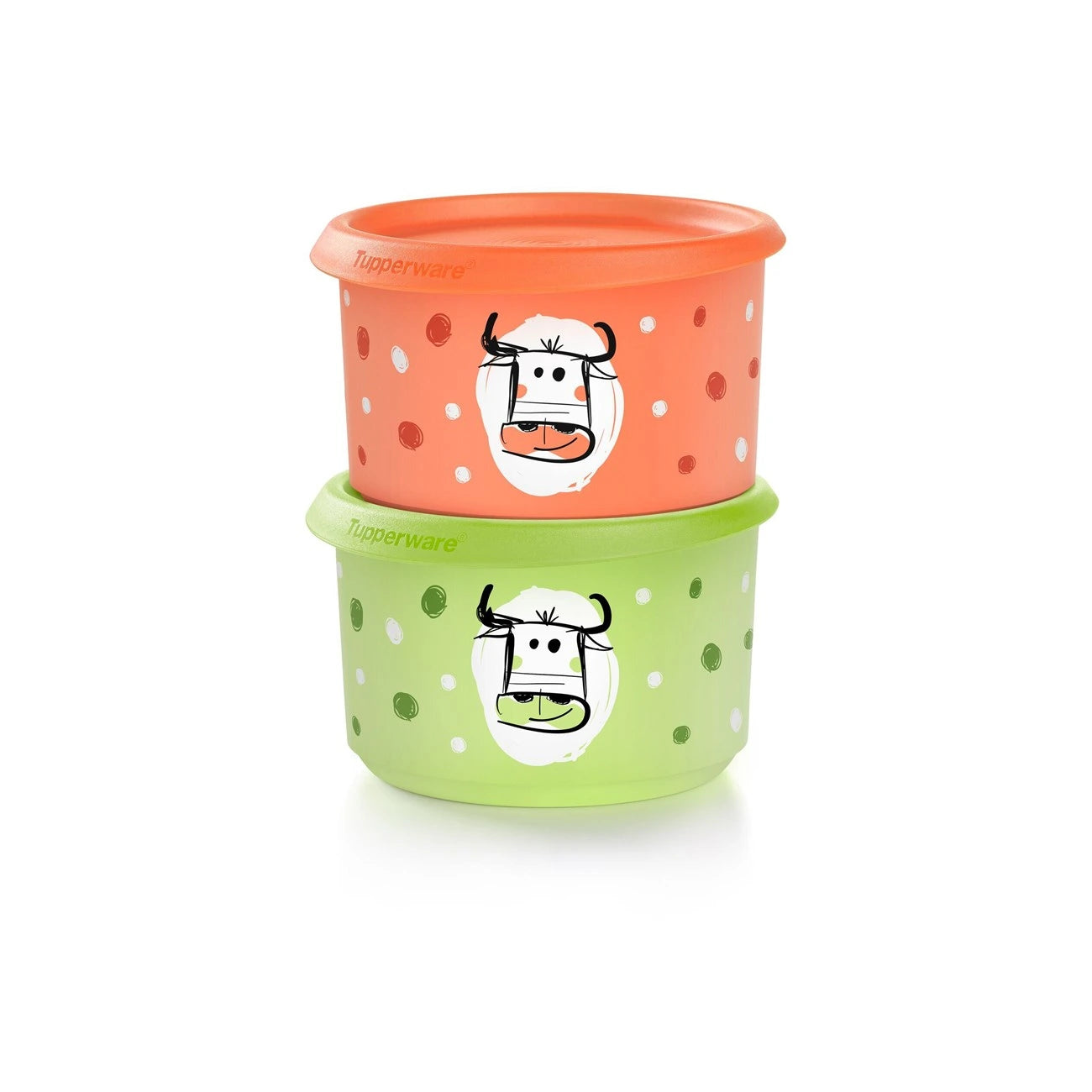 Tupperware Vorratsprofi Duo, 2 One-Touch-Behälter 575 ml mit Kühe-Motiv (orange & grün), luftdicht und stapelbar