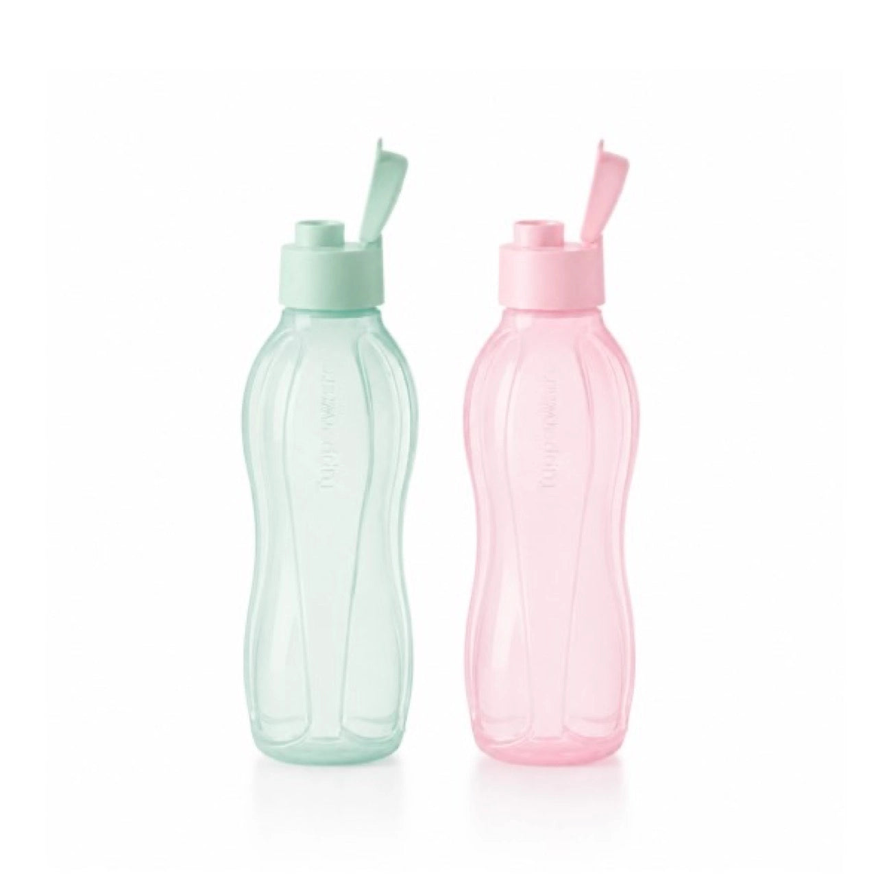Tupperware EcoEasy Trinkflasche 750 ml, 2er-Set Salbei und Rosé – mit geöffnetem Klappverschluss