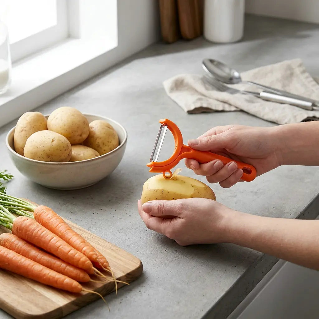 Tupperware Profi-Universalschäler 3-in-1 11186681 Die Küche / Tupperware Twist Schäler, orange – flexibler Sparschäler mit Wende-Klinge für Rechts- und Linkshänder
